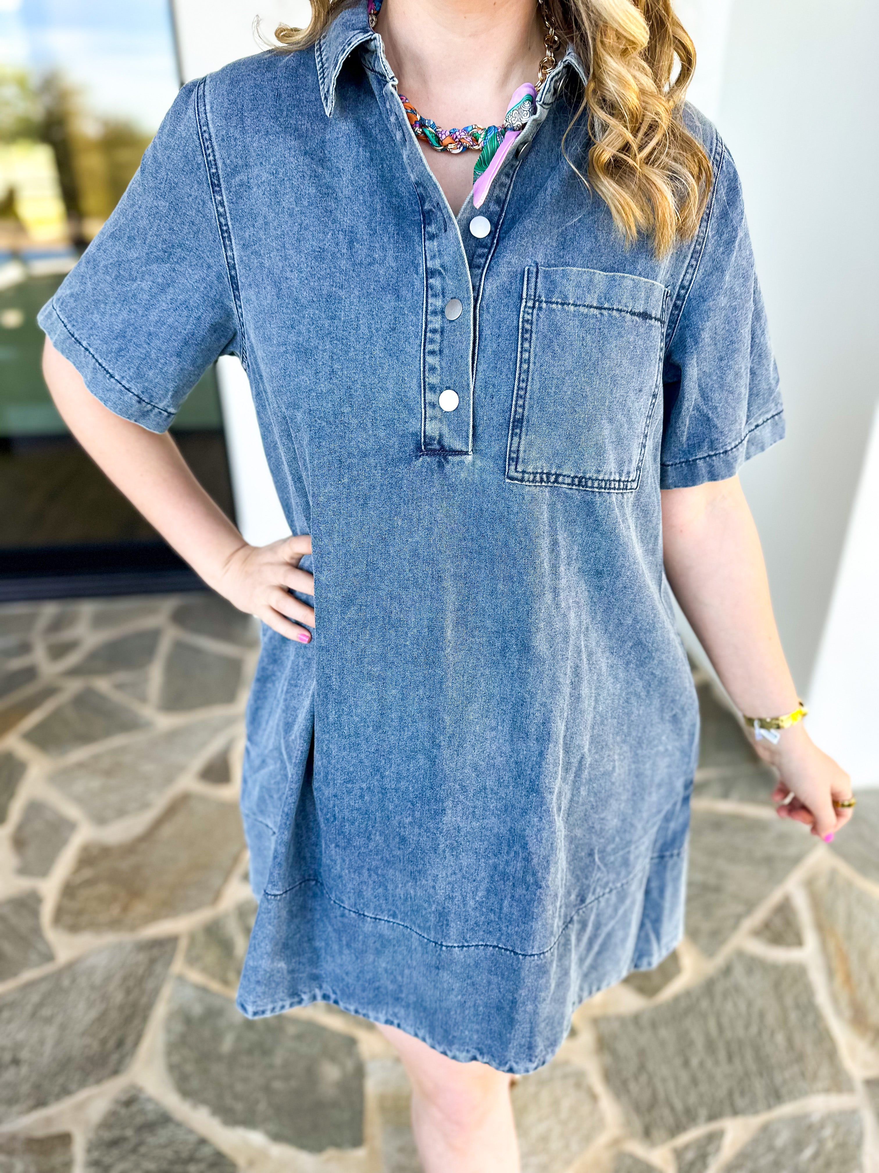 Vintage Wash Denim Mini Dress-510 Mini-IN FEBRUARY-July & June Women's Fashion Boutique Located in San Antonio, Texas