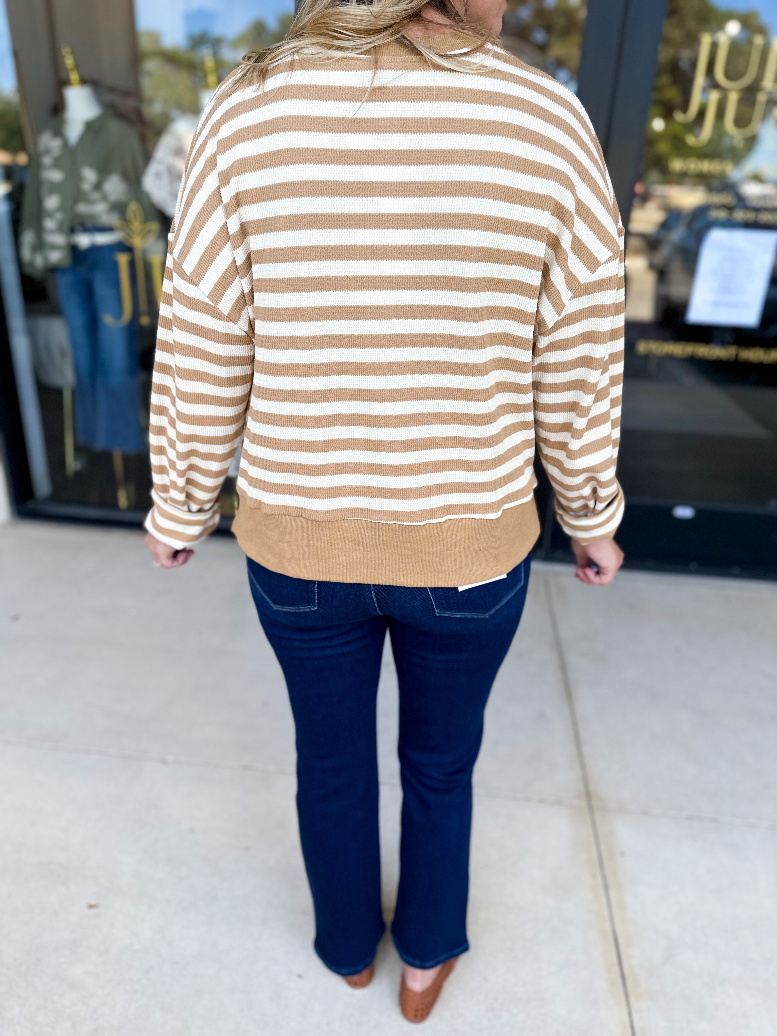 Casual Cool Henley Long Sleeve - Tan-210 Casual Blouses-POLOGRAM-July & June Women's Fashion Boutique Located in San Antonio, Texas