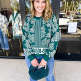 Pine Green Floral Sweater-230 Sweaters/Cardis-ENTRO-July & June Women's Fashion Boutique Located in San Antonio, Texas