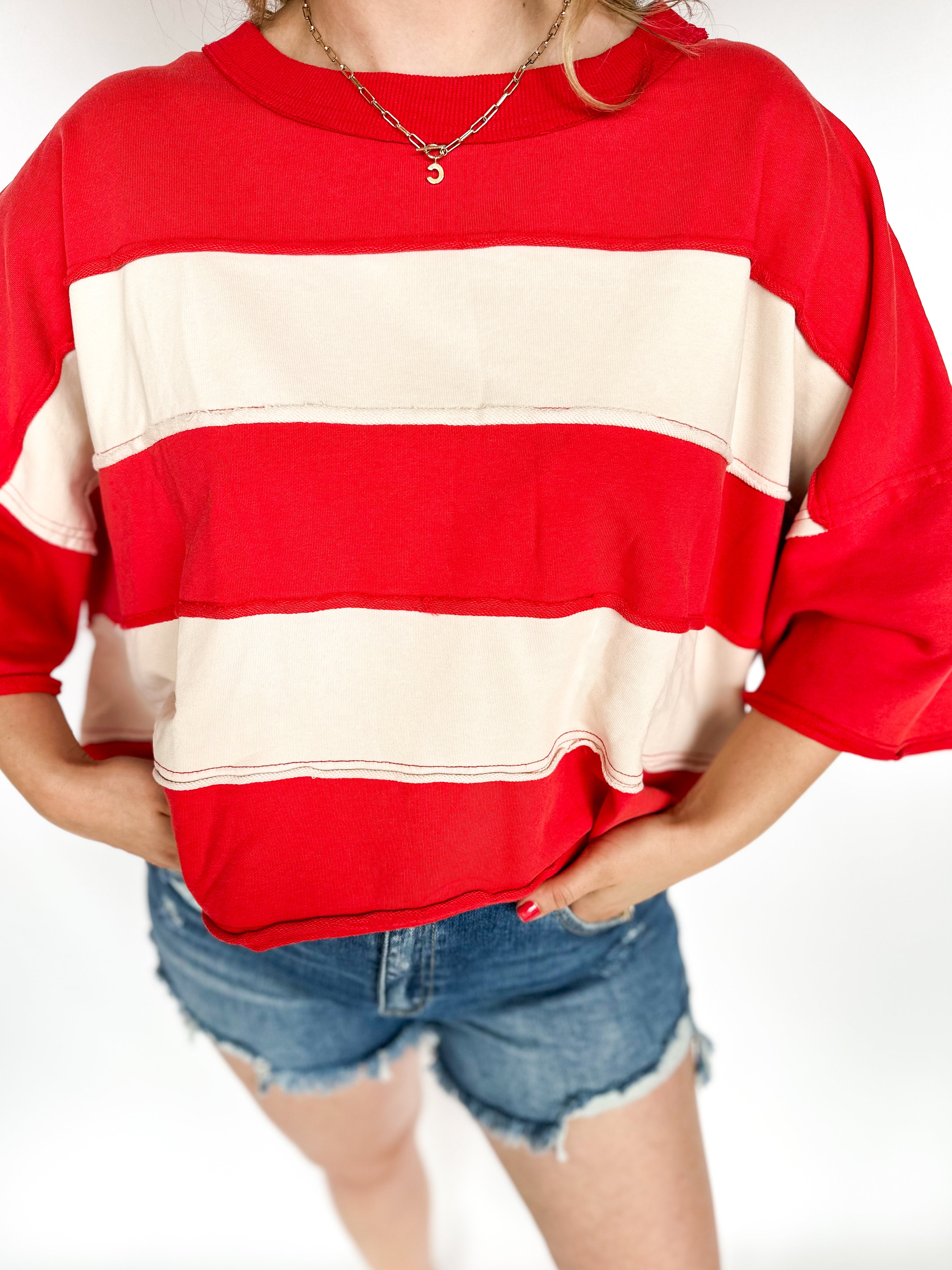 American Girl Oversized Tea - Red-210 Casual Blouses-FANTASTIC FAWN-July & June Women's Fashion Boutique Located in San Antonio, Texas