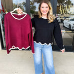 Scalloped Edges Sweater - Black-230 Sweaters/Cardis-ENTRO-July & June Women's Fashion Boutique Located in San Antonio, Texas
