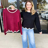 Scalloped Edges Sweater - Black-230 Sweaters/Cardis-ENTRO-July & June Women's Fashion Boutique Located in San Antonio, Texas