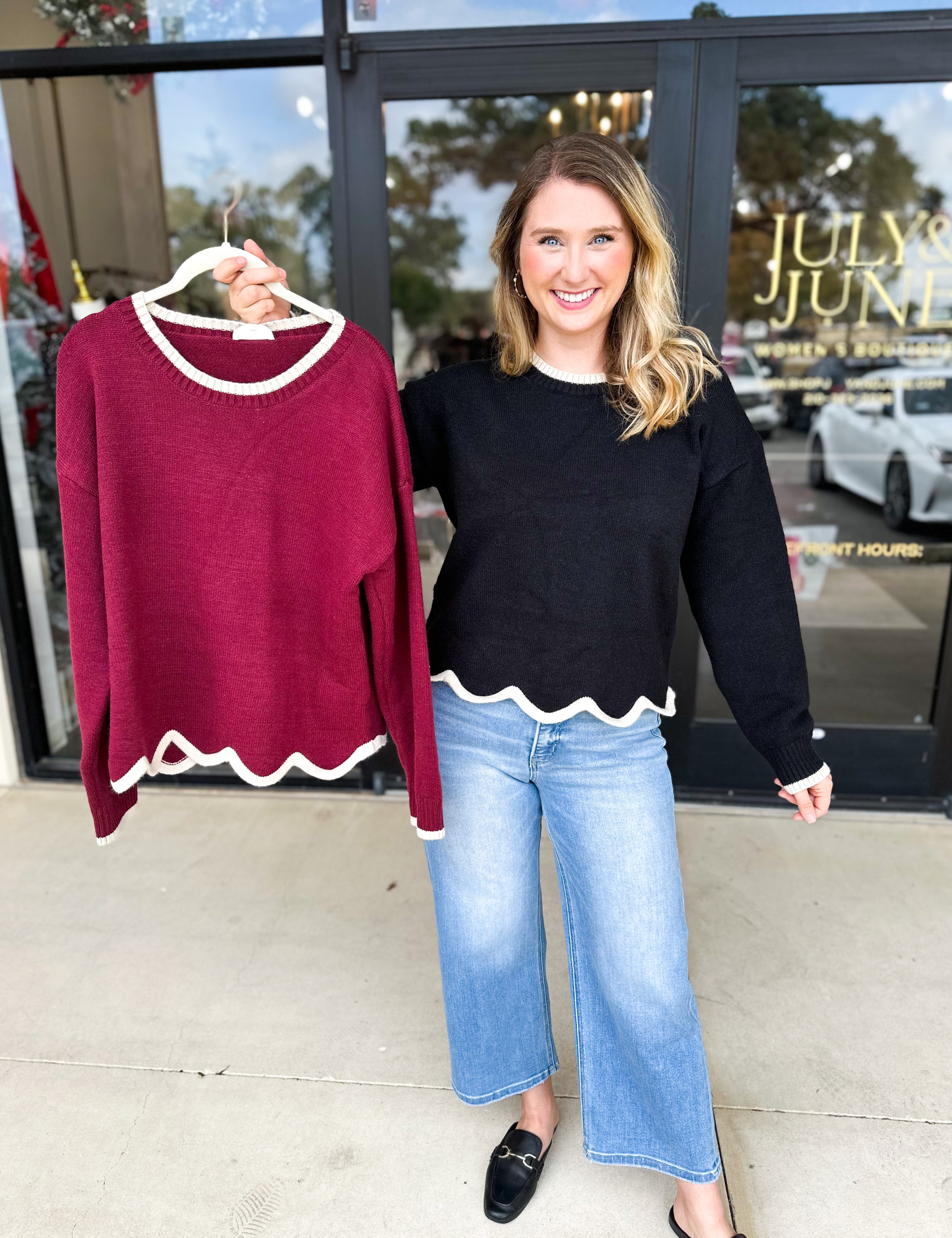 Scalloped Edges Sweater - Black-230 Sweaters/Cardis-ENTRO-July & June Women's Fashion Boutique Located in San Antonio, Texas