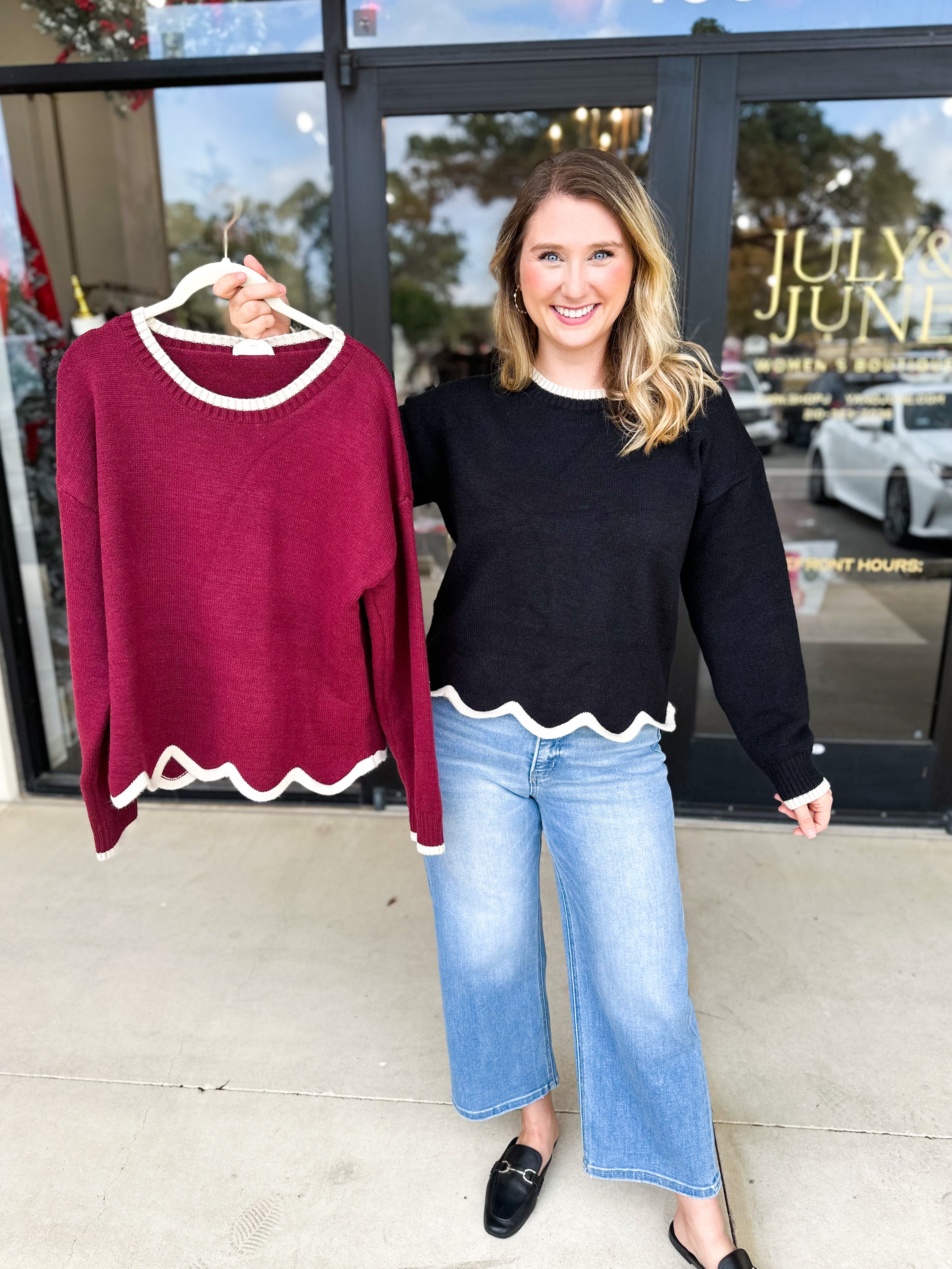 Scalloped Edges Sweater - Black-230 Sweaters/Cardis-ENTRO-July & June Women's Fashion Boutique Located in San Antonio, Texas