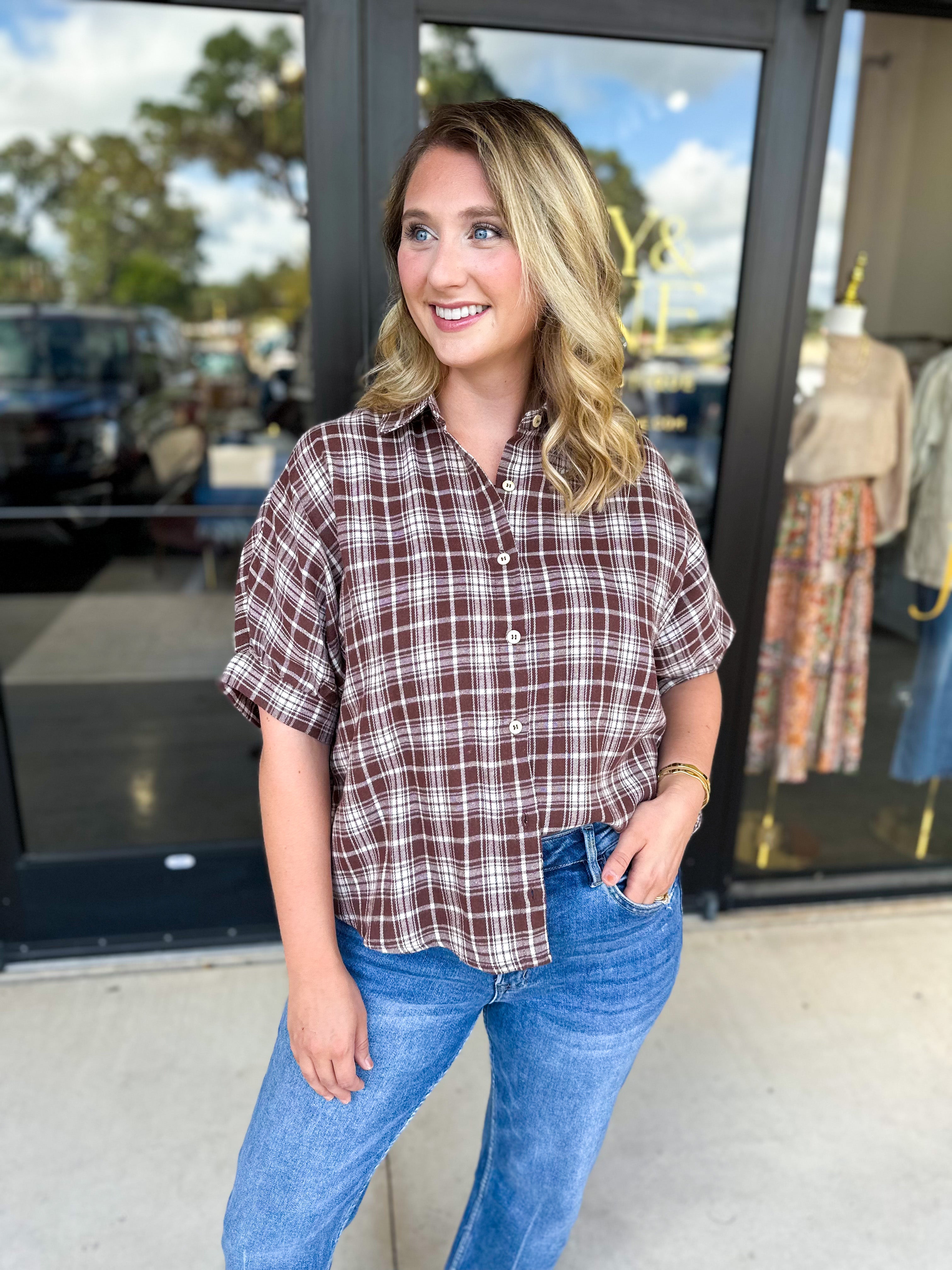 Brown Flannel Blouse-200 Fashion Blouses-POLOGRAM-July & June Women's Fashion Boutique Located in San Antonio, Texas