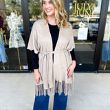 Oatmeal Fringe Wrap Cardigan-230 Sweaters/Cardis-SKIES ARE BLUE-July & June Women's Fashion Boutique Located in San Antonio, Texas