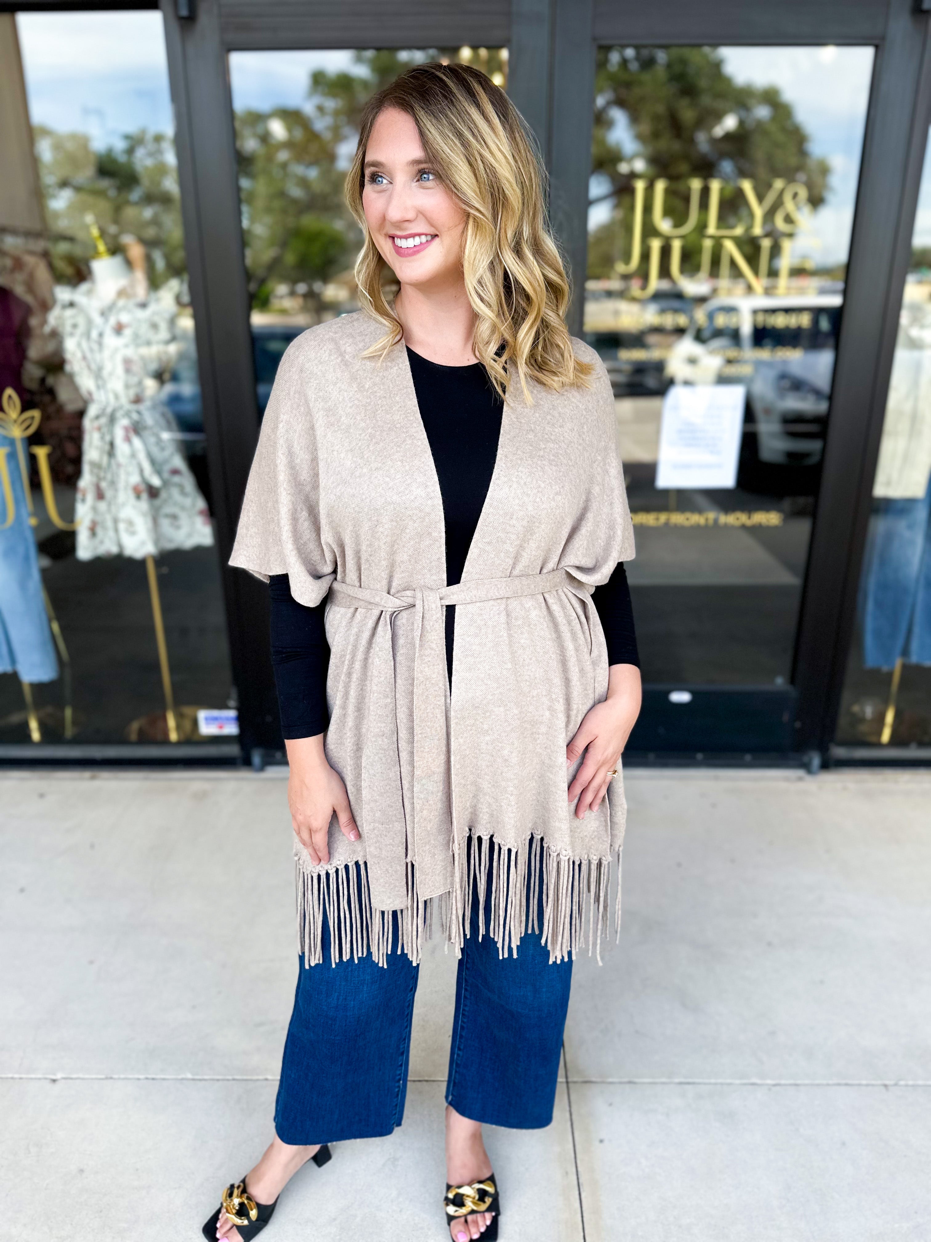 Oatmeal Fringe Wrap Cardigan-230 Sweaters/Cardis-SKIES ARE BLUE-July & June Women's Fashion Boutique Located in San Antonio, Texas