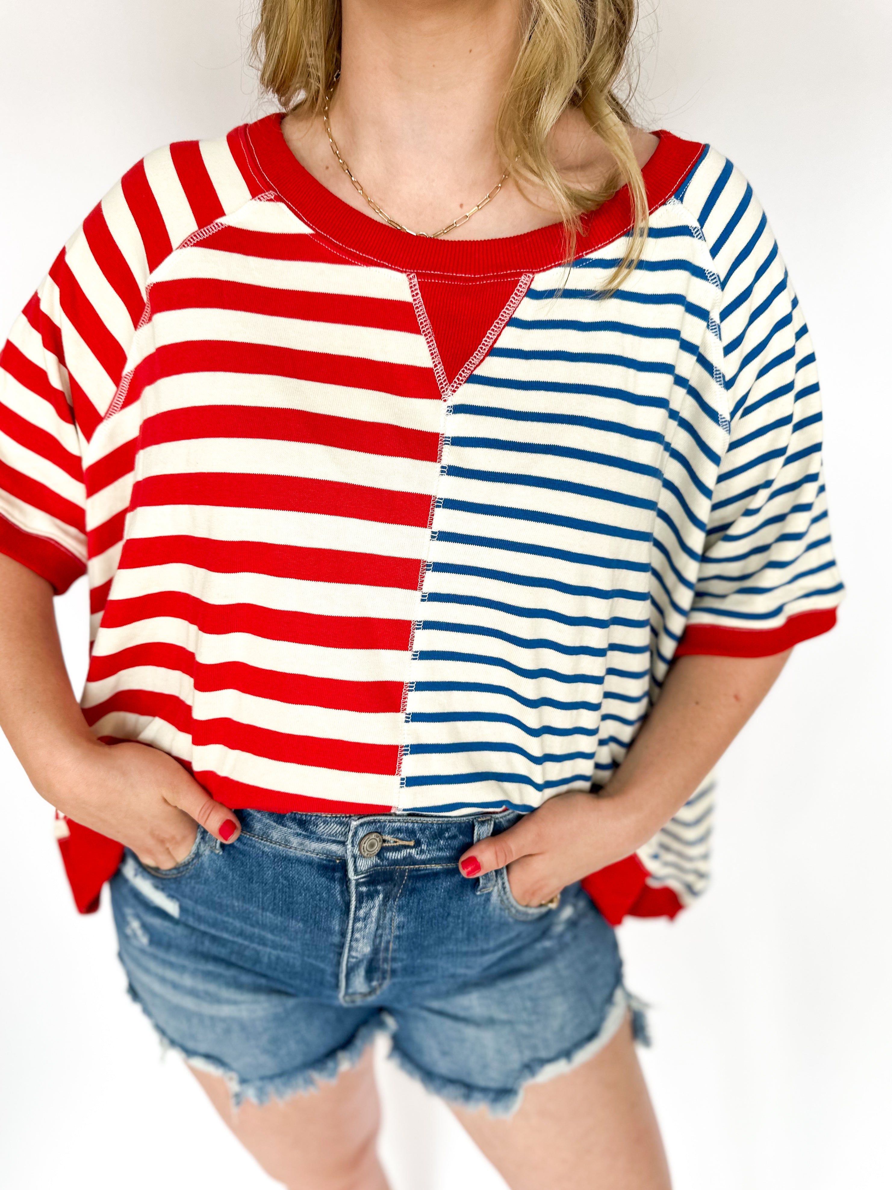 Blue & Red Striped Oversized Tee-210 Casual Blouses-FANTASTIC FAWN-July & June Women's Fashion Boutique Located in San Antonio, Texas