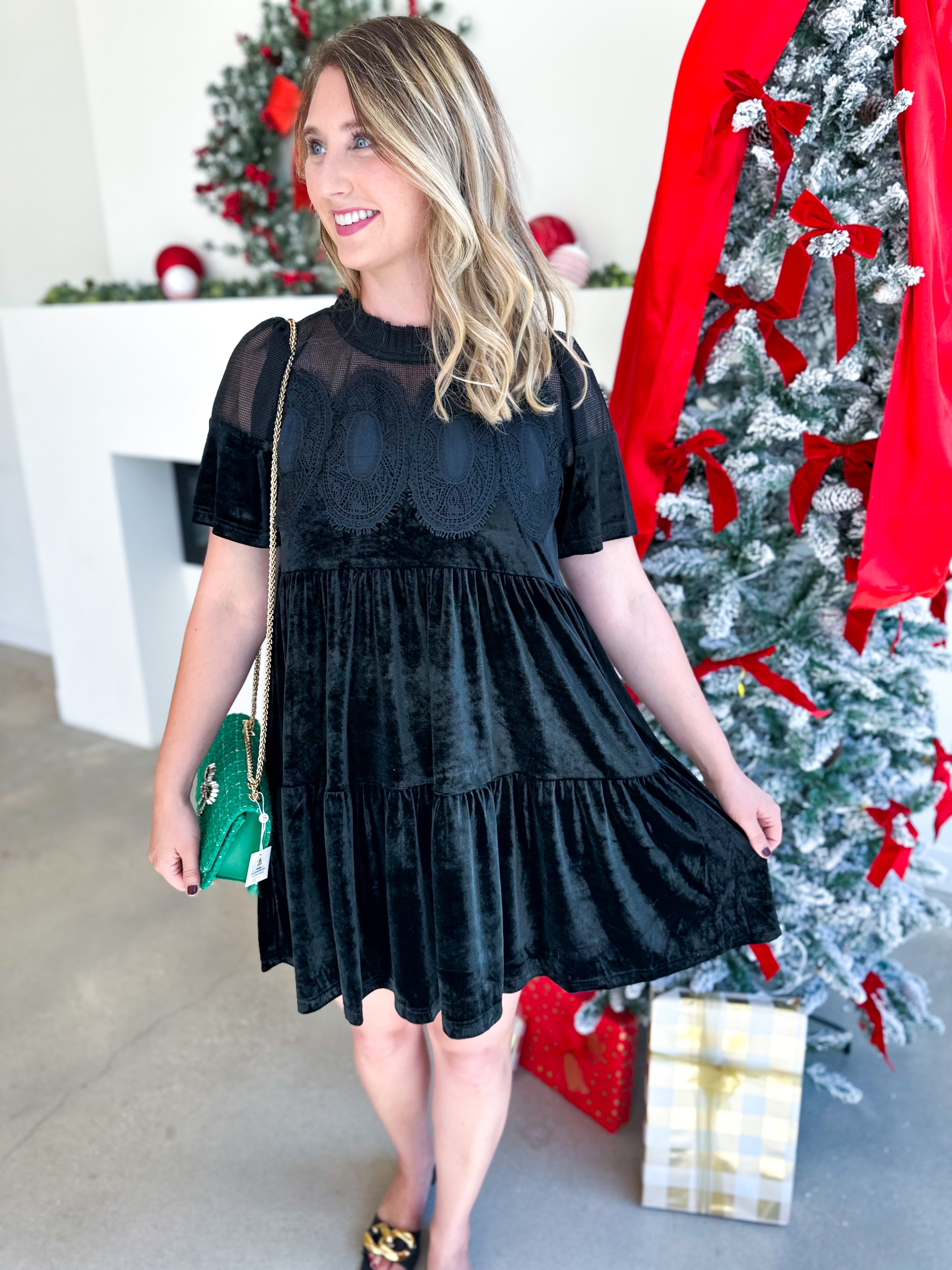 Lace Details Velvet Mini Dress - Black-510 Mini-FATE-July & June Women's Fashion Boutique Located in San Antonio, Texas