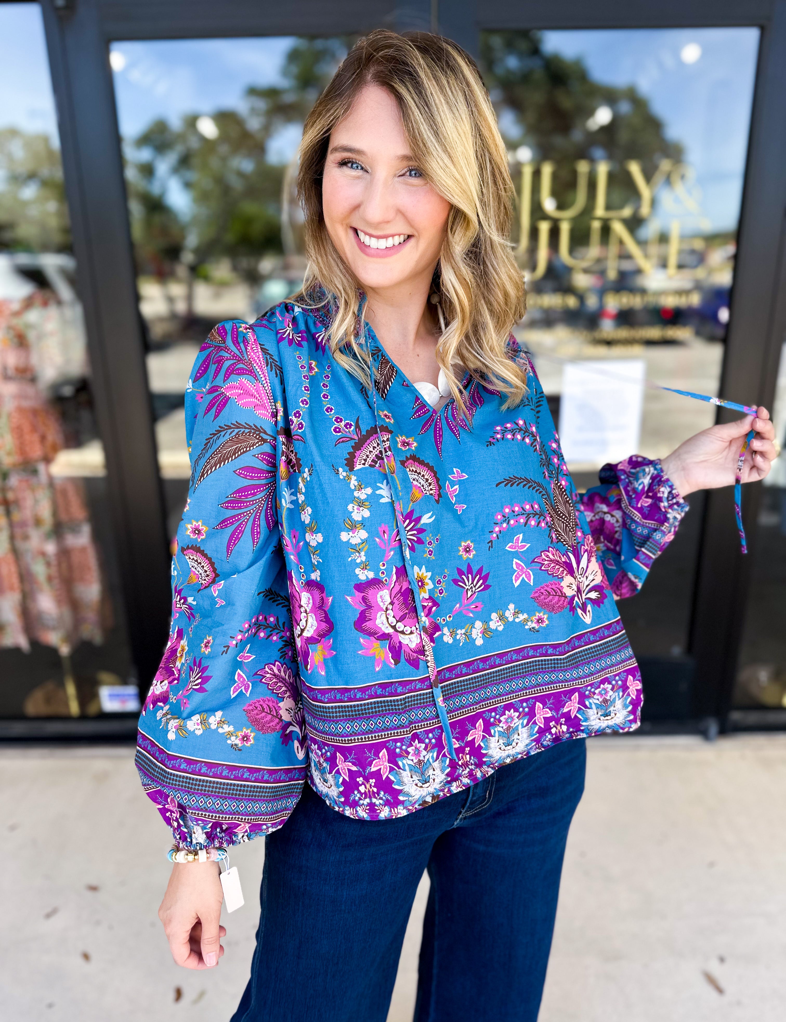 Teal & Lavender Blouse-200 Fashion Blouses-FATE-July & June Women's Fashion Boutique Located in San Antonio, Texas