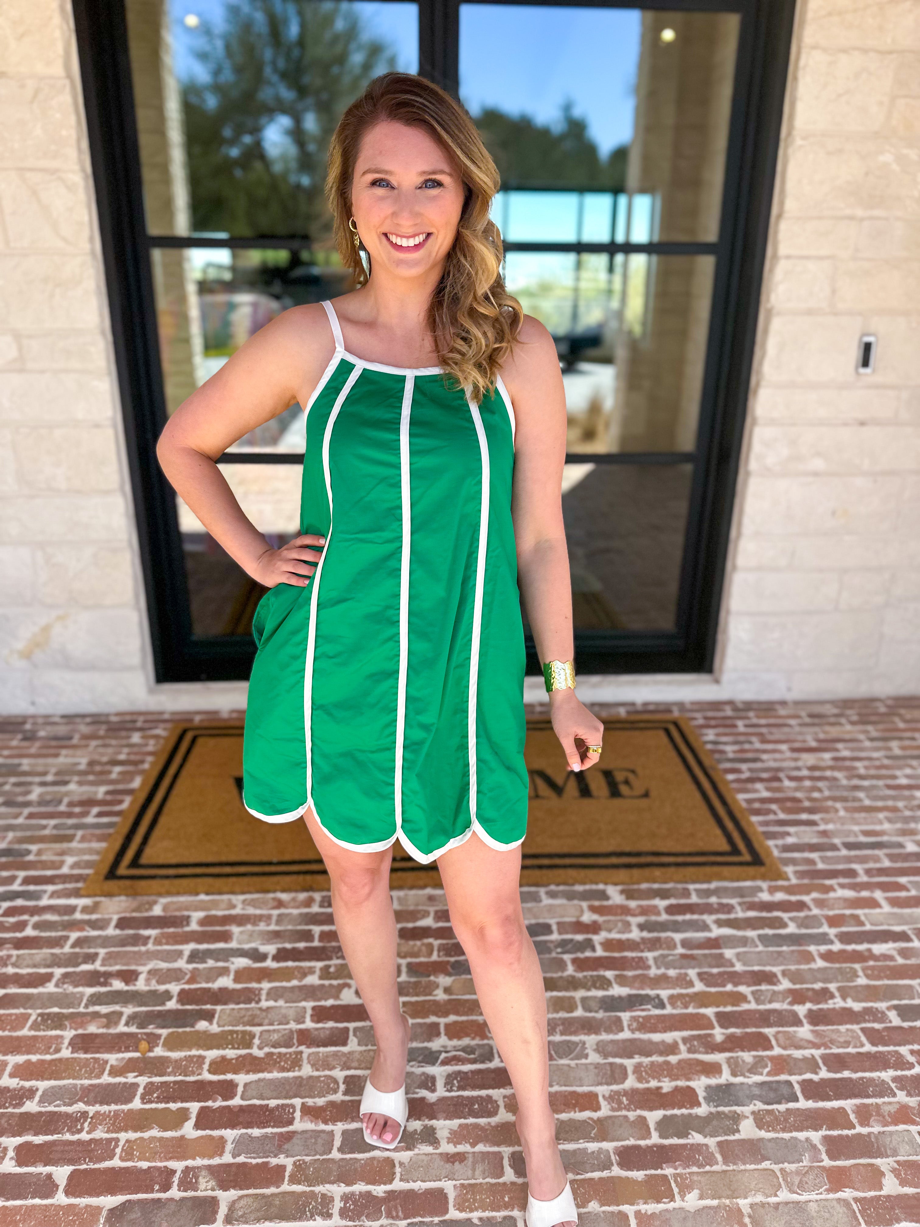Kelly Green Scalloped Mini Dress-510 Mini-TCEC-July & June Women's Fashion Boutique Located in San Antonio, Texas