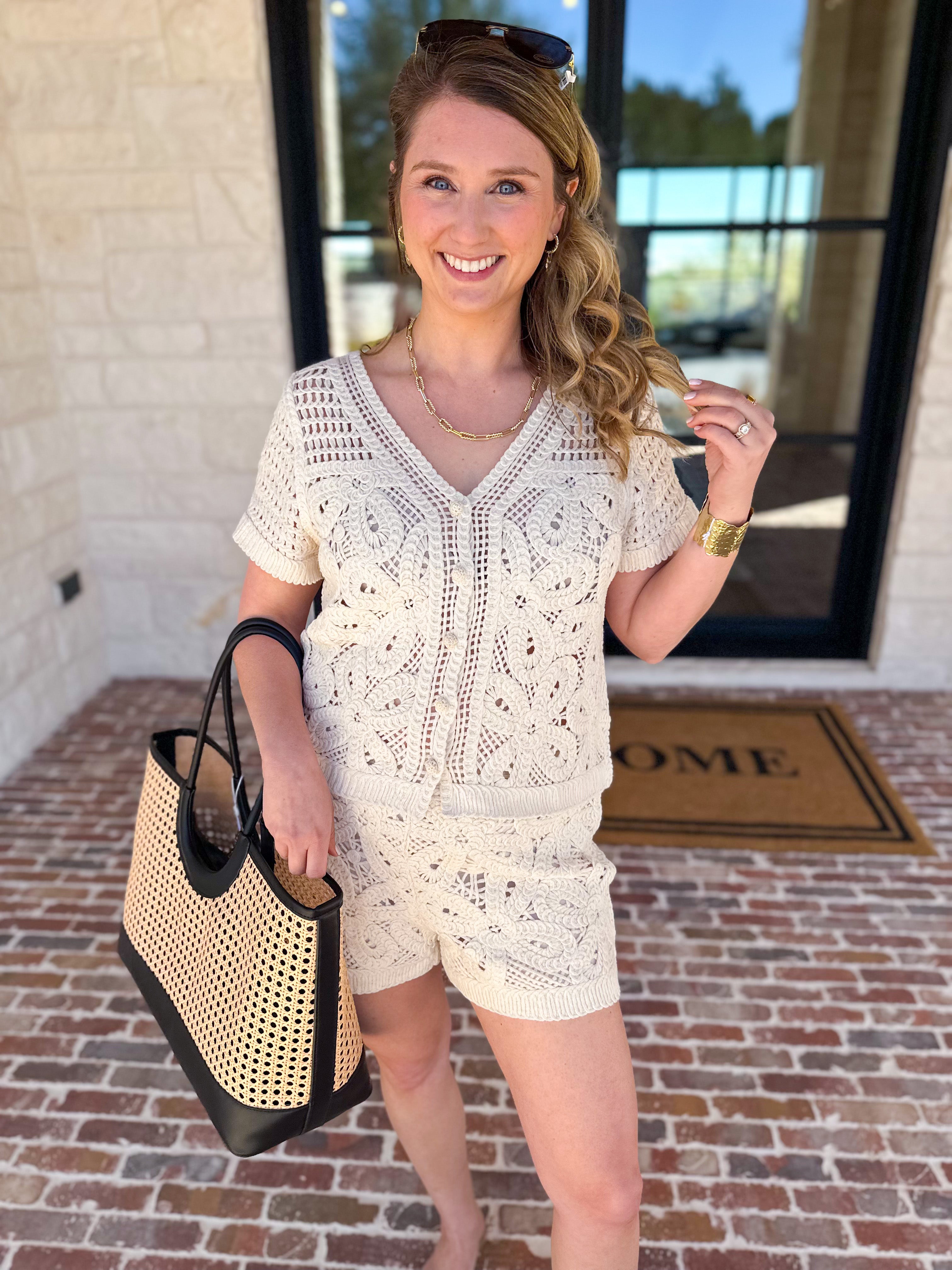 Luxe Crochet Knit Shorts Set-200 Fashion Blouses-SKIES ARE BLUE-July & June Women's Fashion Boutique Located in San Antonio, Texas