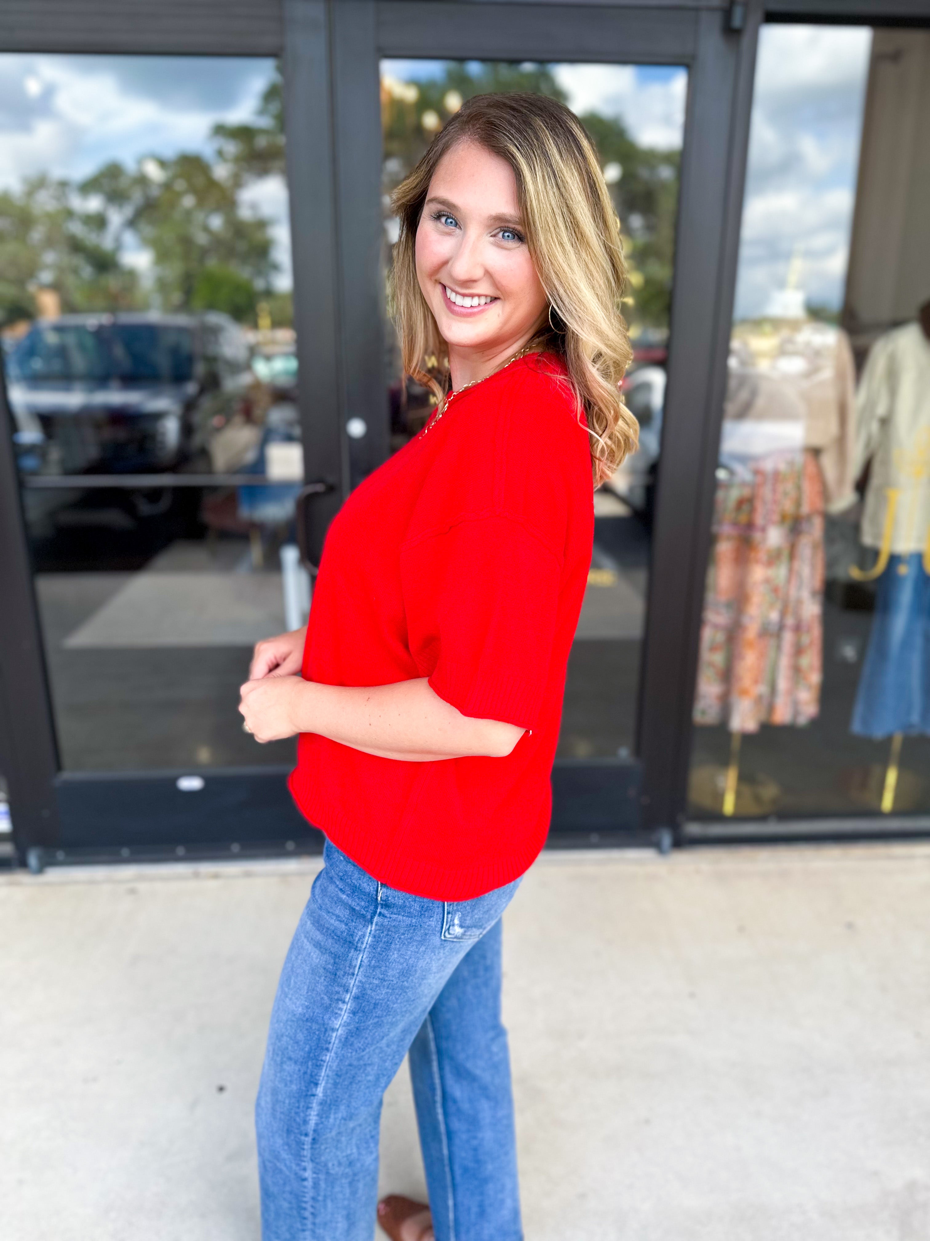 The Ella Knit Sweater Top - Red-230 Sweaters/Cardis-JODIFL-July & June Women's Fashion Boutique Located in San Antonio, Texas