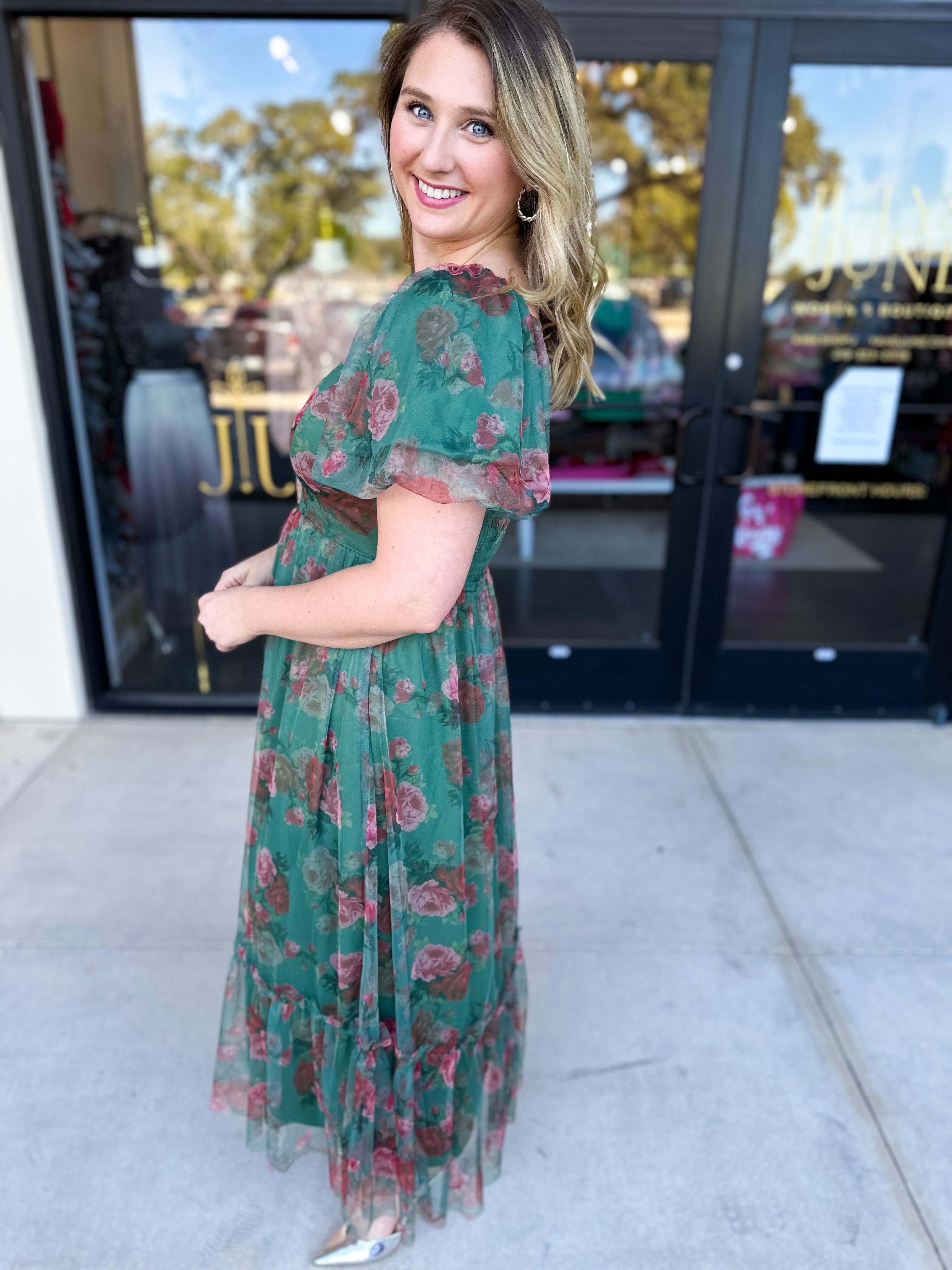 Hunter Green Garden Midi Dress-500 Midi-POLOGRAM-July & June Women's Fashion Boutique Located in San Antonio, Texas