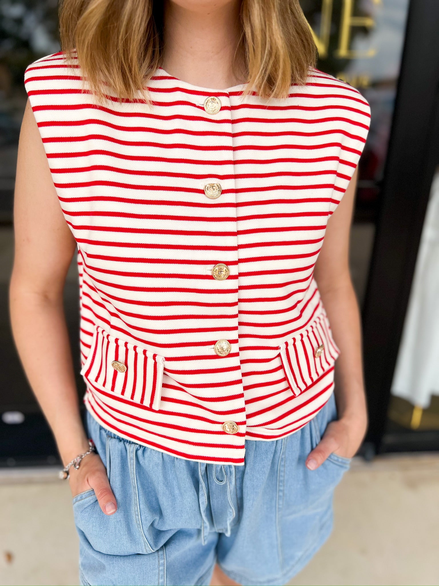Trendy Red Stripe Vest-200 Fashion Blouses-ENTRO-July & June Women's Fashion Boutique Located in San Antonio, Texas