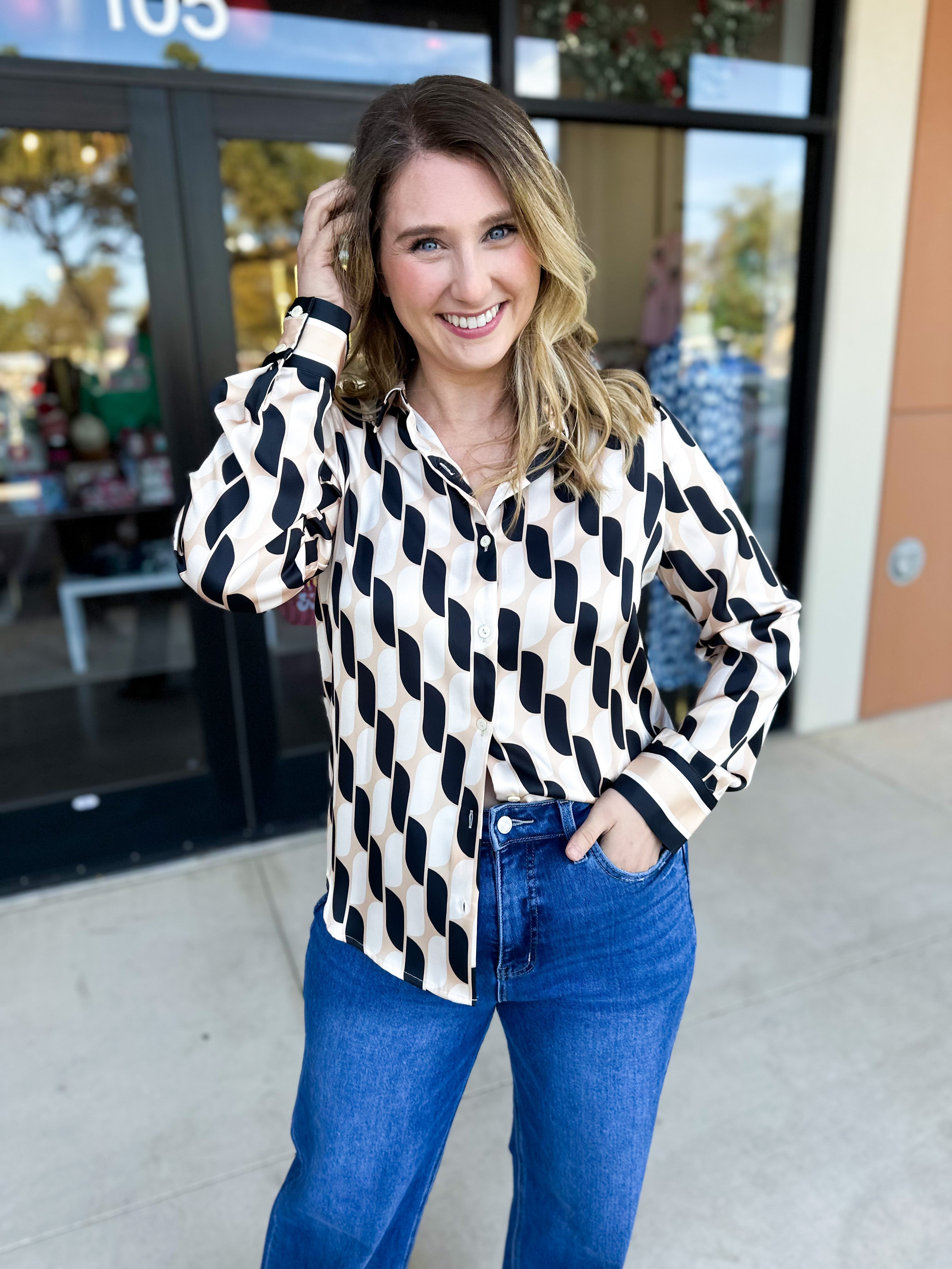 Retro Button Down Blouse-200 Fashion Blouses-SKIES ARE BLUE-July & June Women's Fashion Boutique Located in San Antonio, Texas