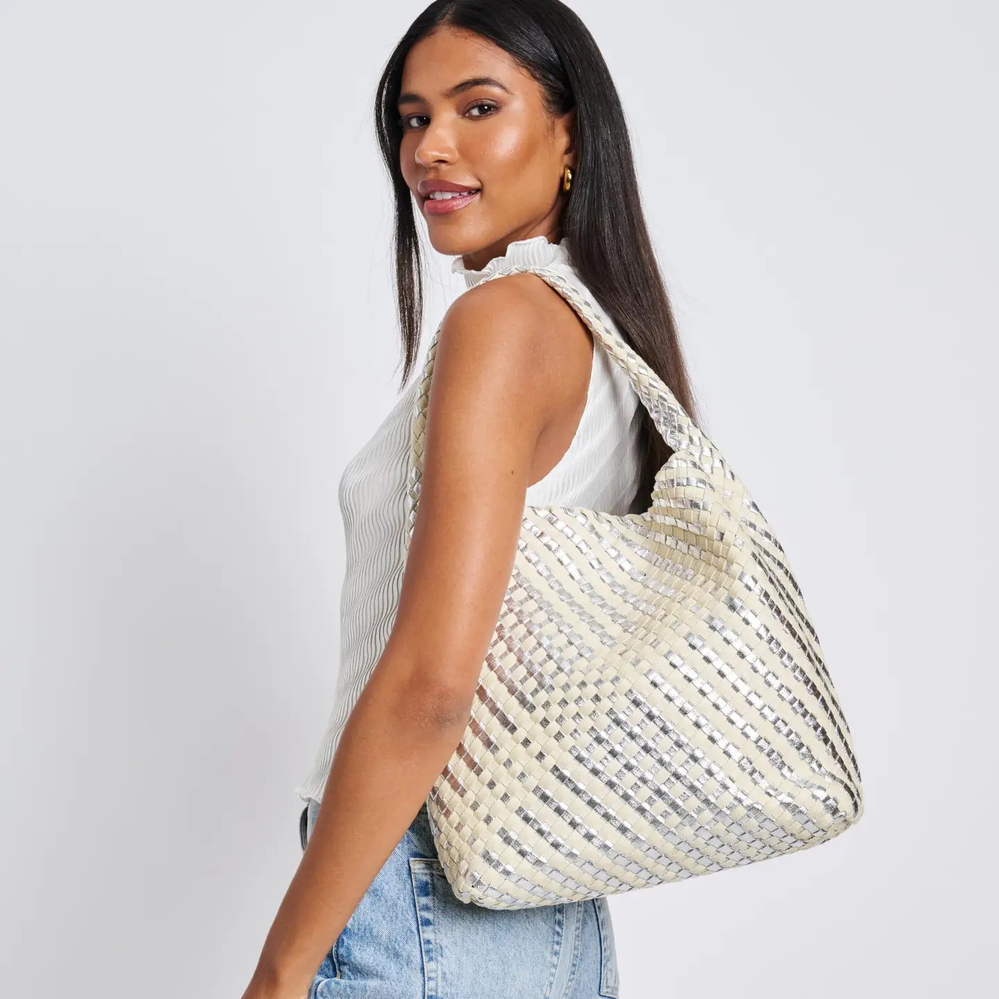 Ellery Mixed Woven Hobo Bag - Silver-130 ACCESSORIES-Moda Luxe-July & June Women's Fashion Boutique Located in San Antonio, Texas