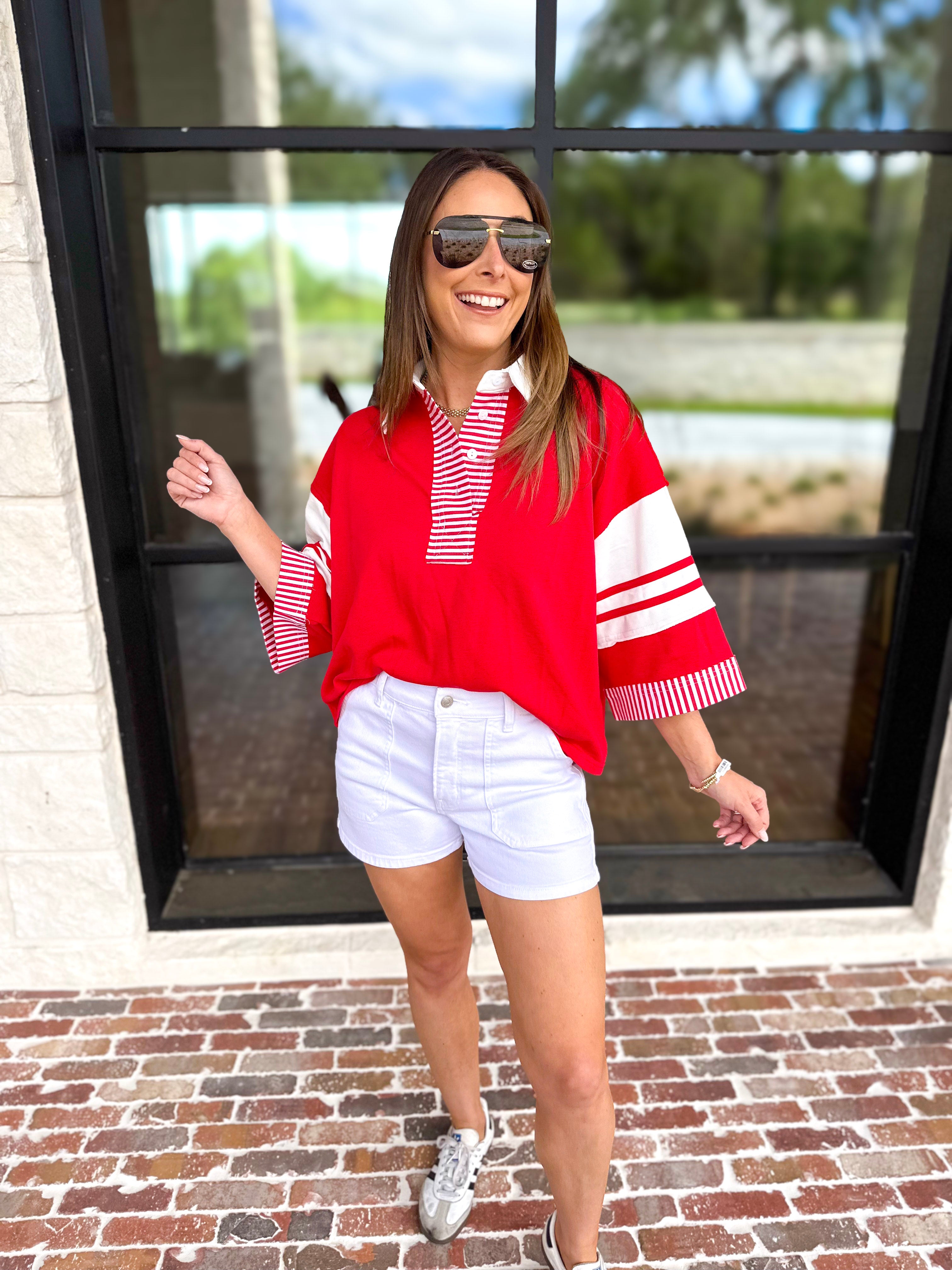 Cool Girl Oversized Polo Top - Red-210 Casual Blouses-JODIFL-July & June Women's Fashion Boutique Located in San Antonio, Texas