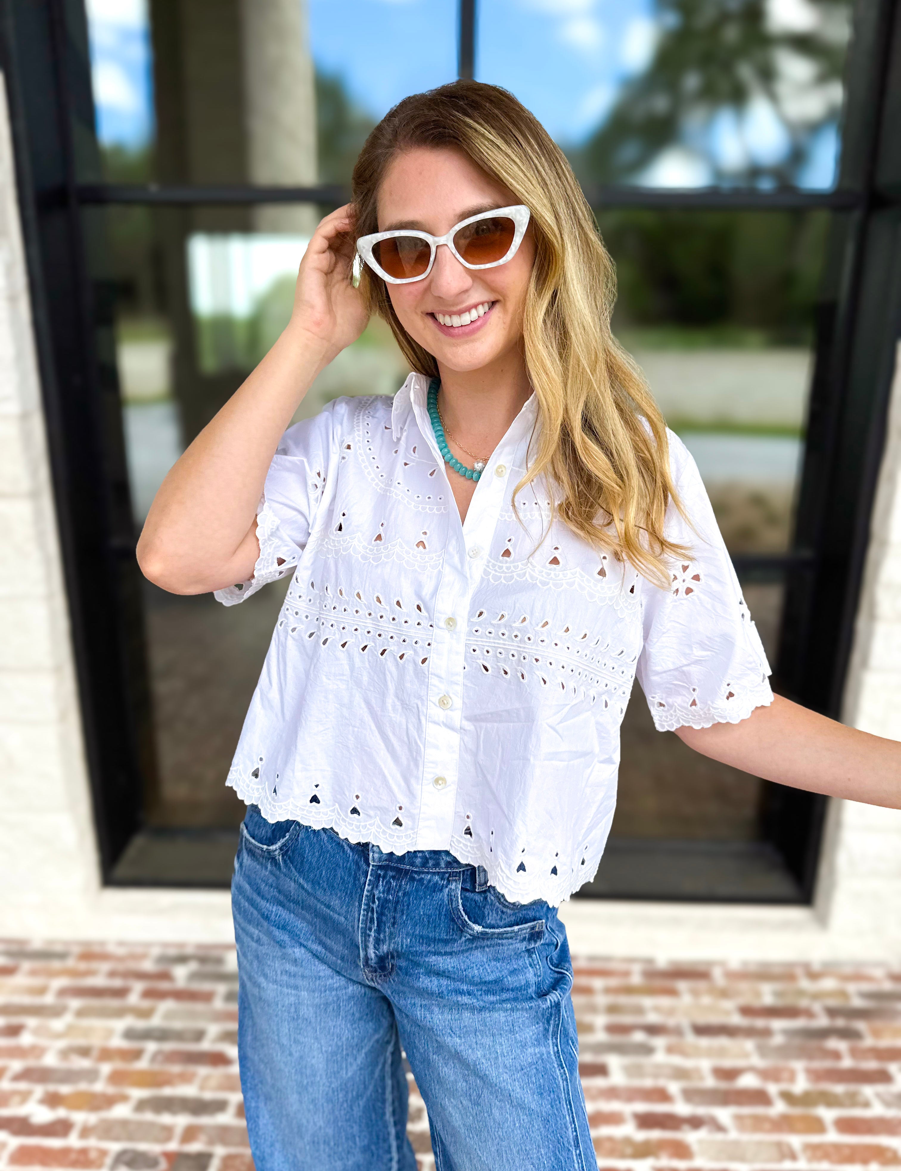 THML - Summertime Eyelet Blouse-200 Fashion Blouses-THML-July & June Women's Fashion Boutique Located in San Antonio, Texas