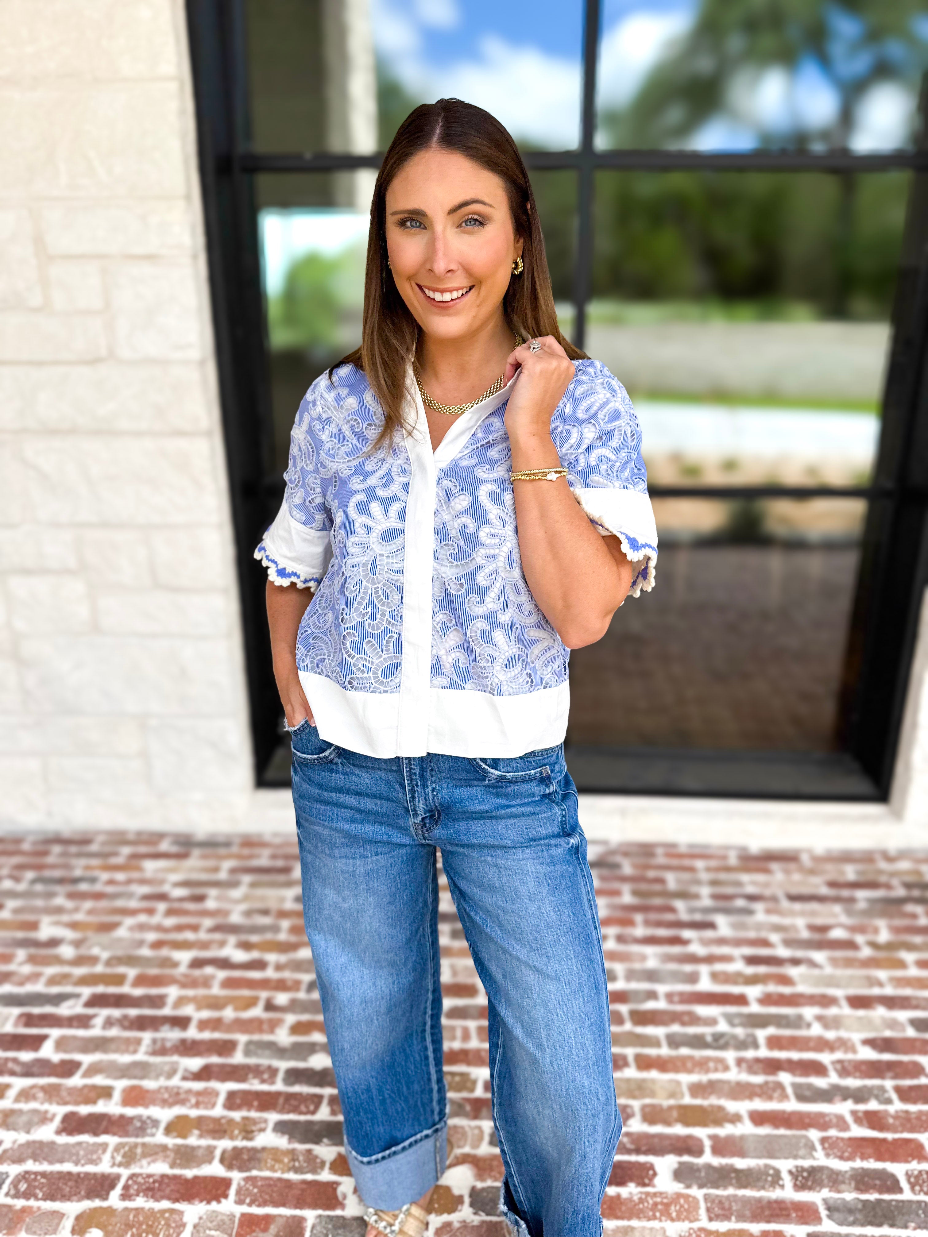 THML - Blue & Ivory Crochet Blouse-200 Fashion Blouses-THML-July & June Women's Fashion Boutique Located in San Antonio, Texas