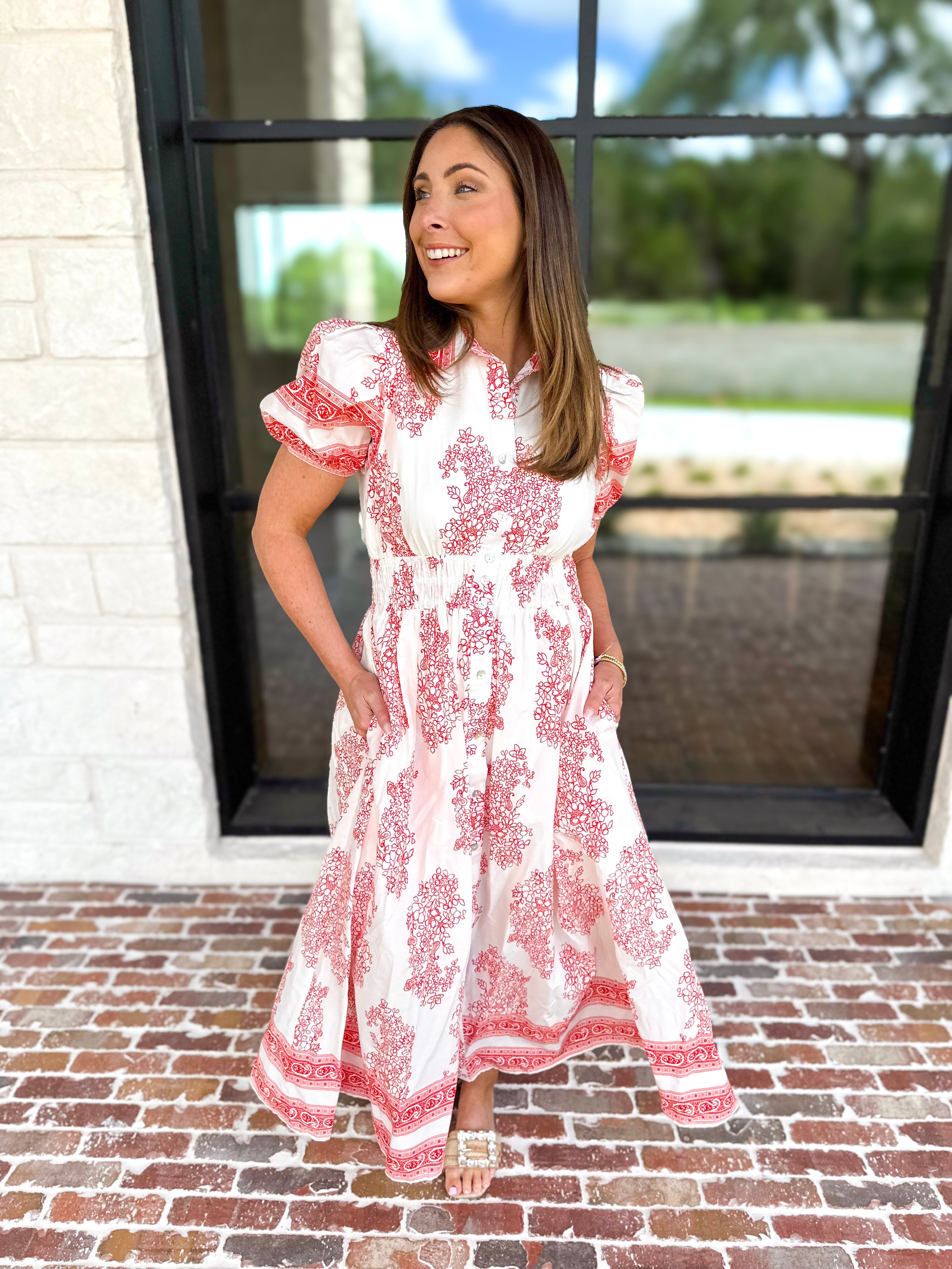 Red Paisley Midi Dress-500 Midi-ENTRO-July & June Women's Fashion Boutique Located in San Antonio, Texas