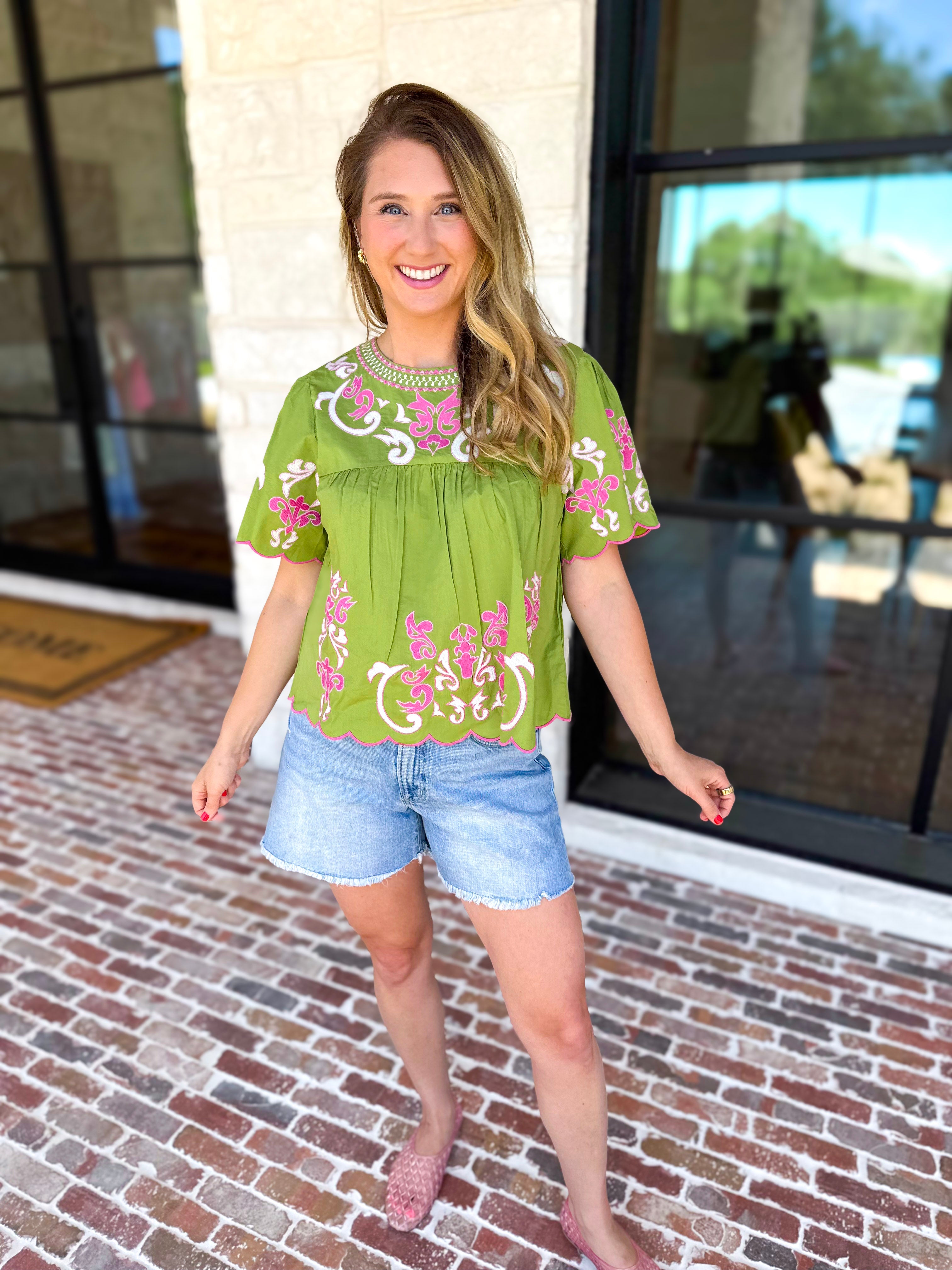 THML - Scalloped Sweetheart Blouse - Chartreuse-200 Fashion Blouses-THML-July & June Women's Fashion Boutique Located in San Antonio, Texas