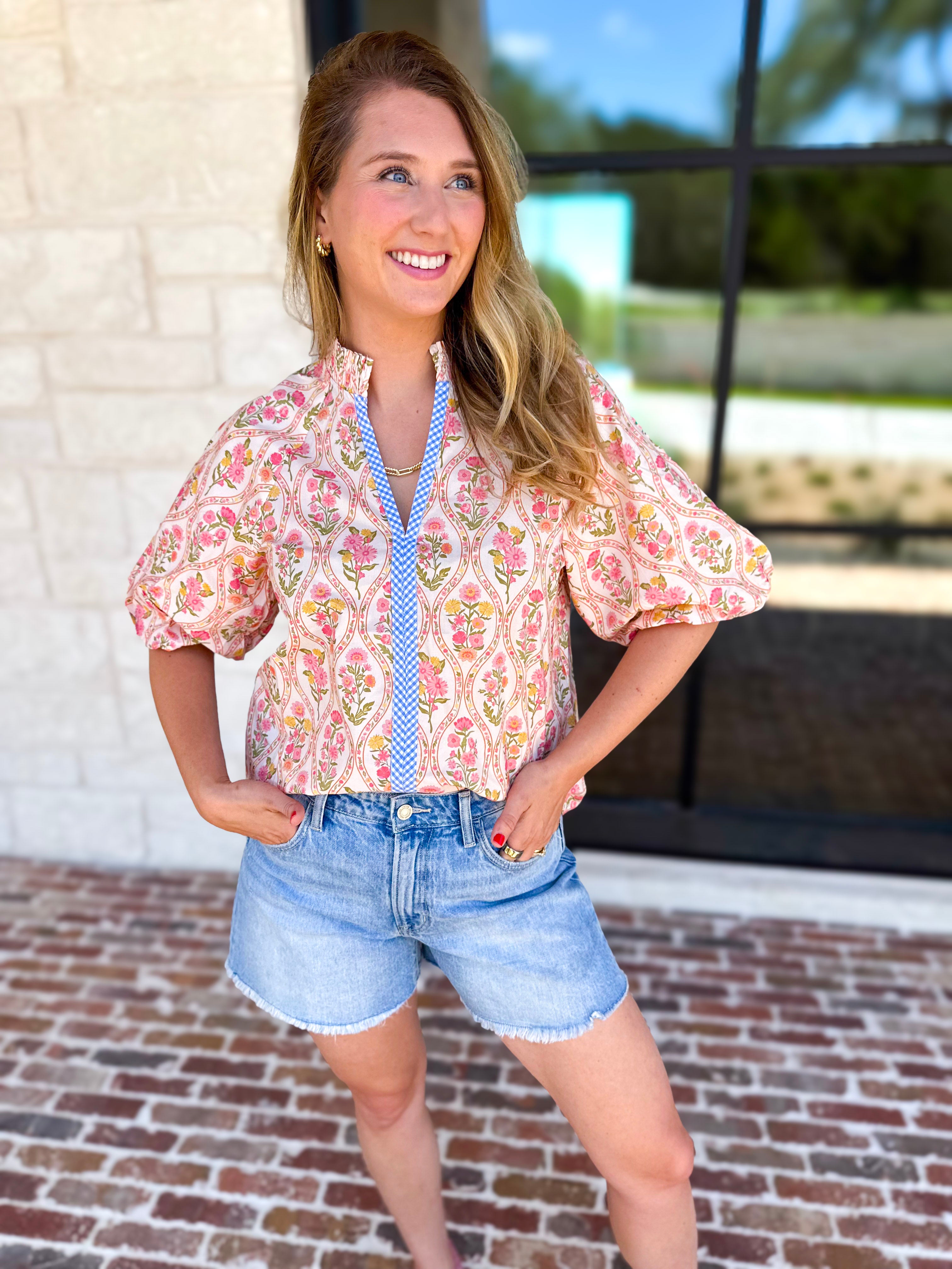 THML - Pink & Yellow Florals Blouse-200 Fashion Blouses-THML-July & June Women's Fashion Boutique Located in San Antonio, Texas