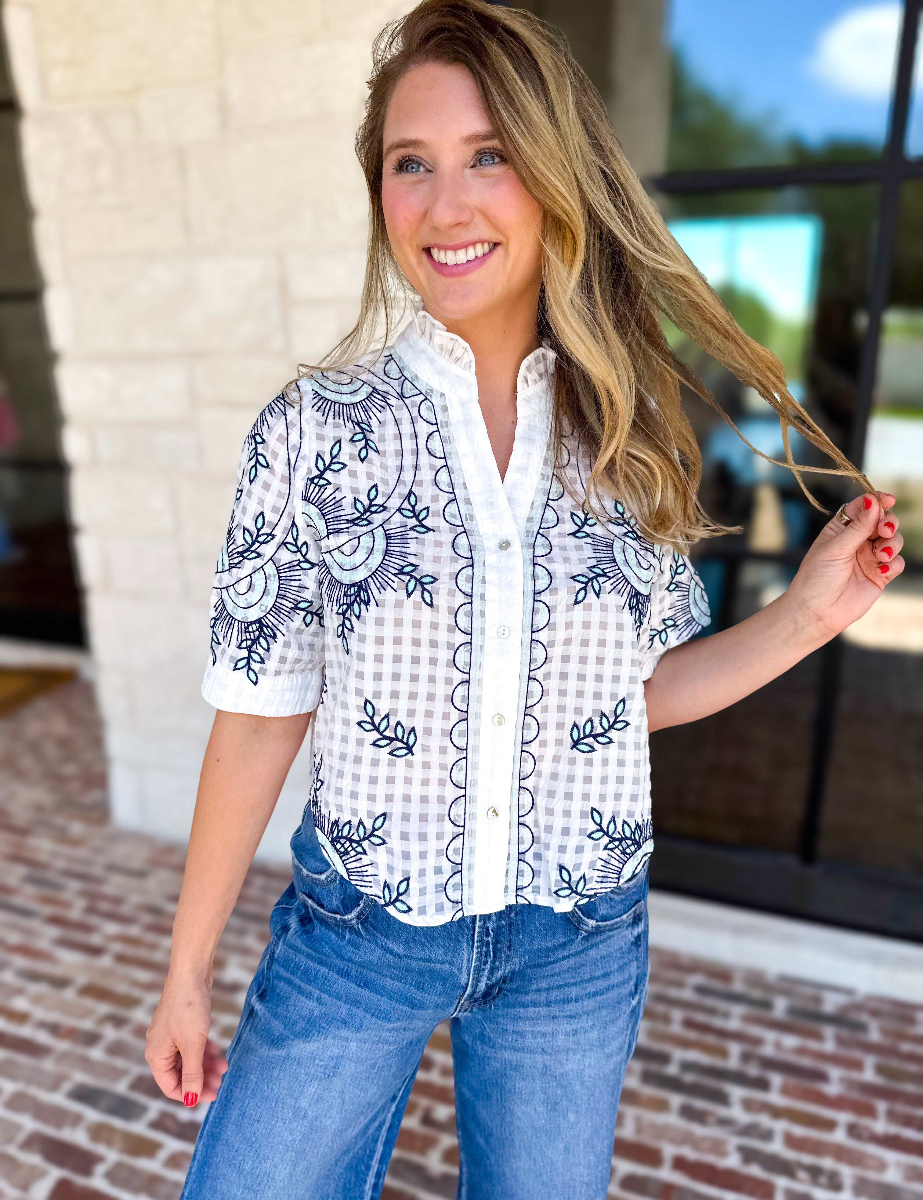 THML - Geometric Floral Blouse-200 Fashion Blouses-THML-July & June Women's Fashion Boutique Located in San Antonio, Texas