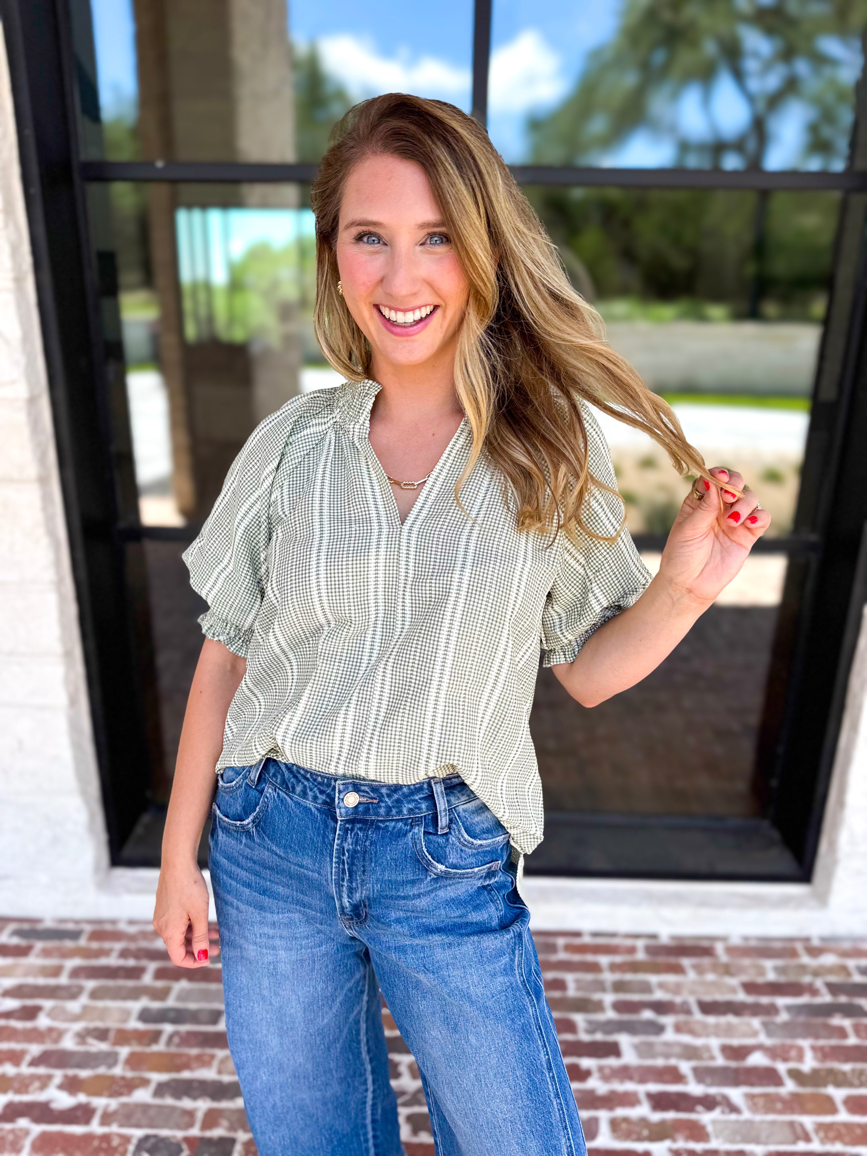 Sage Picnic Blouse-200 Fashion Blouses-JODIFL-July & June Women's Fashion Boutique Located in San Antonio, Texas