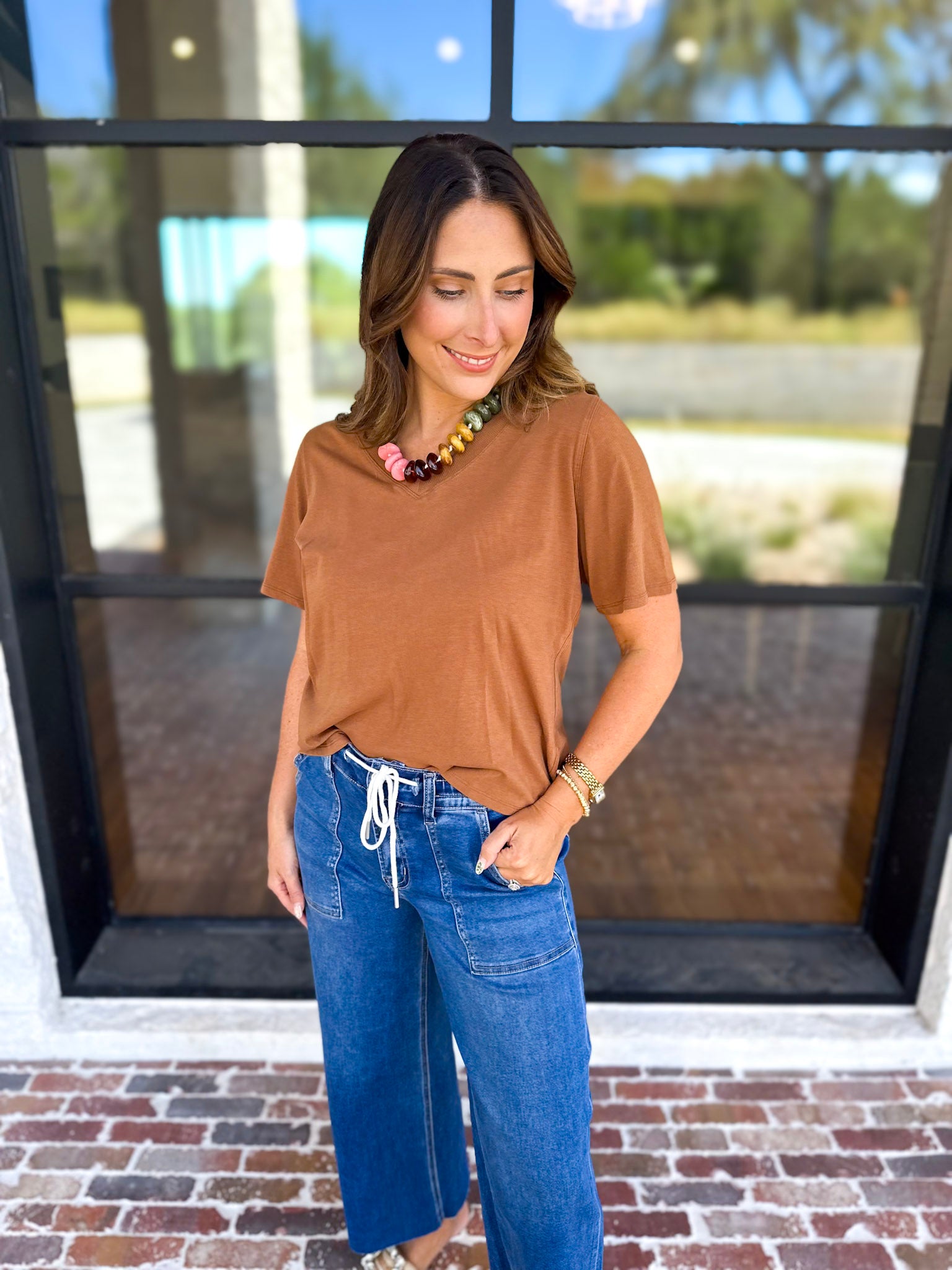 Everyday Essential V-Neck Tee - Honey-210 Casual Blouses-MONO B-July & June Women's Fashion Boutique Located in San Antonio, Texas