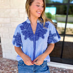 THML - Classic Blue Embroidered Blouse-200 Fashion Blouses-THML-July & June Women's Fashion Boutique Located in San Antonio, Texas