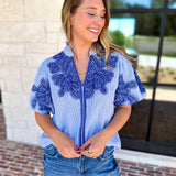 THML - Classic Blue Embroidered Blouse-200 Fashion Blouses-THML-July & June Women's Fashion Boutique Located in San Antonio, Texas