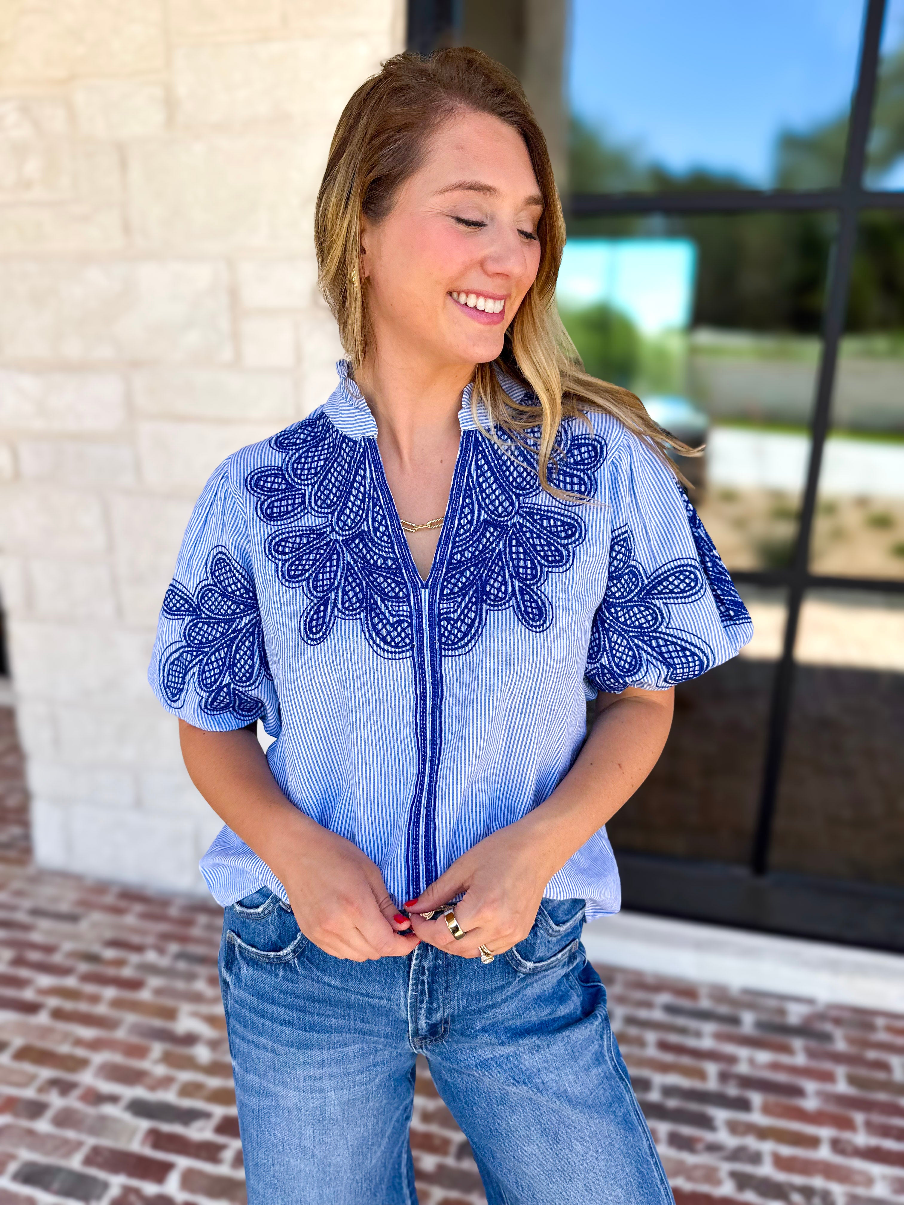 THML - Classic Blue Embroidered Blouse-200 Fashion Blouses-THML-July & June Women's Fashion Boutique Located in San Antonio, Texas