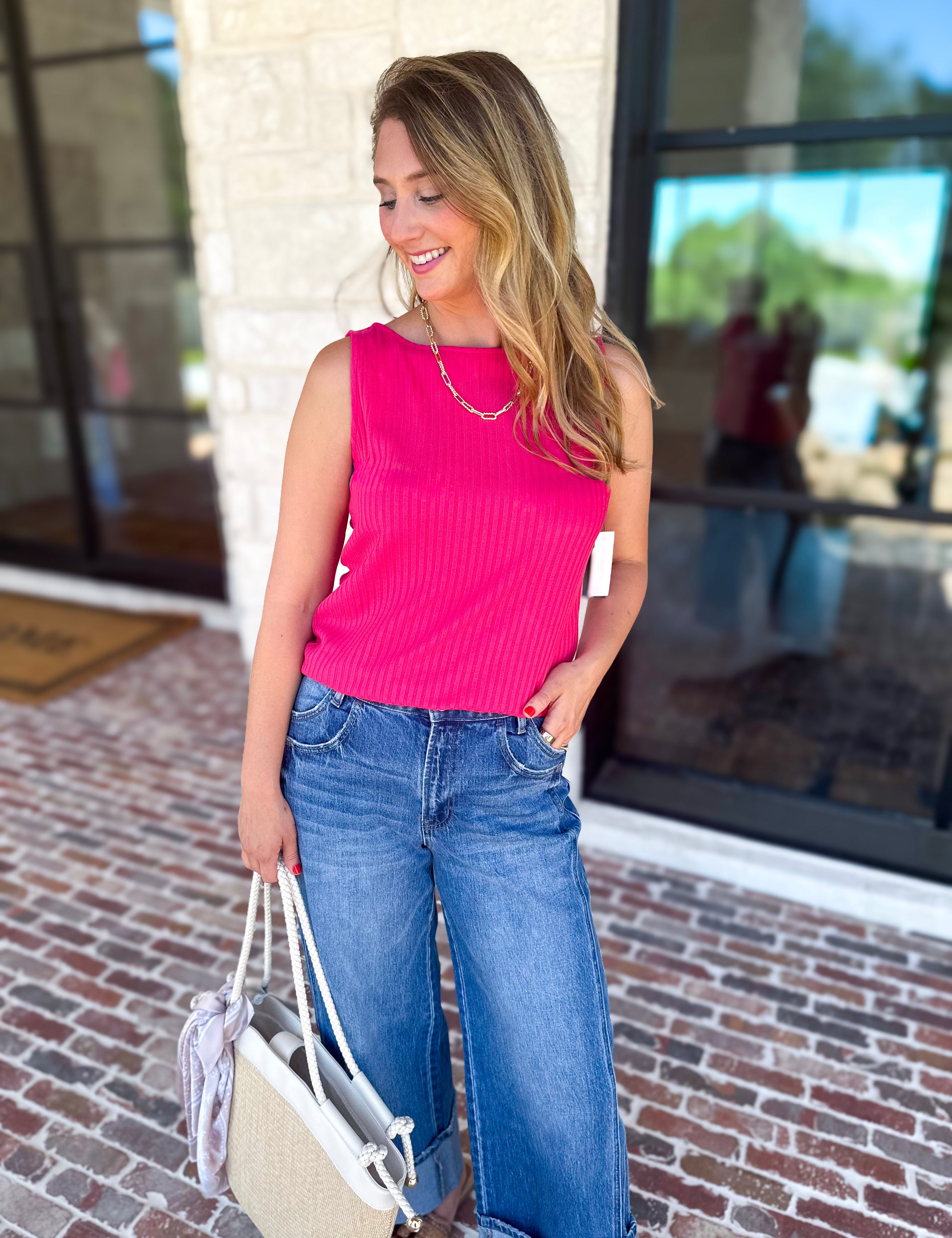 Liverpool - Hot Pink Boatneck Knit Top-200 Fashion Blouses-LIVERPOOL JEANS COMPANY-July & June Women's Fashion Boutique Located in San Antonio, Texas