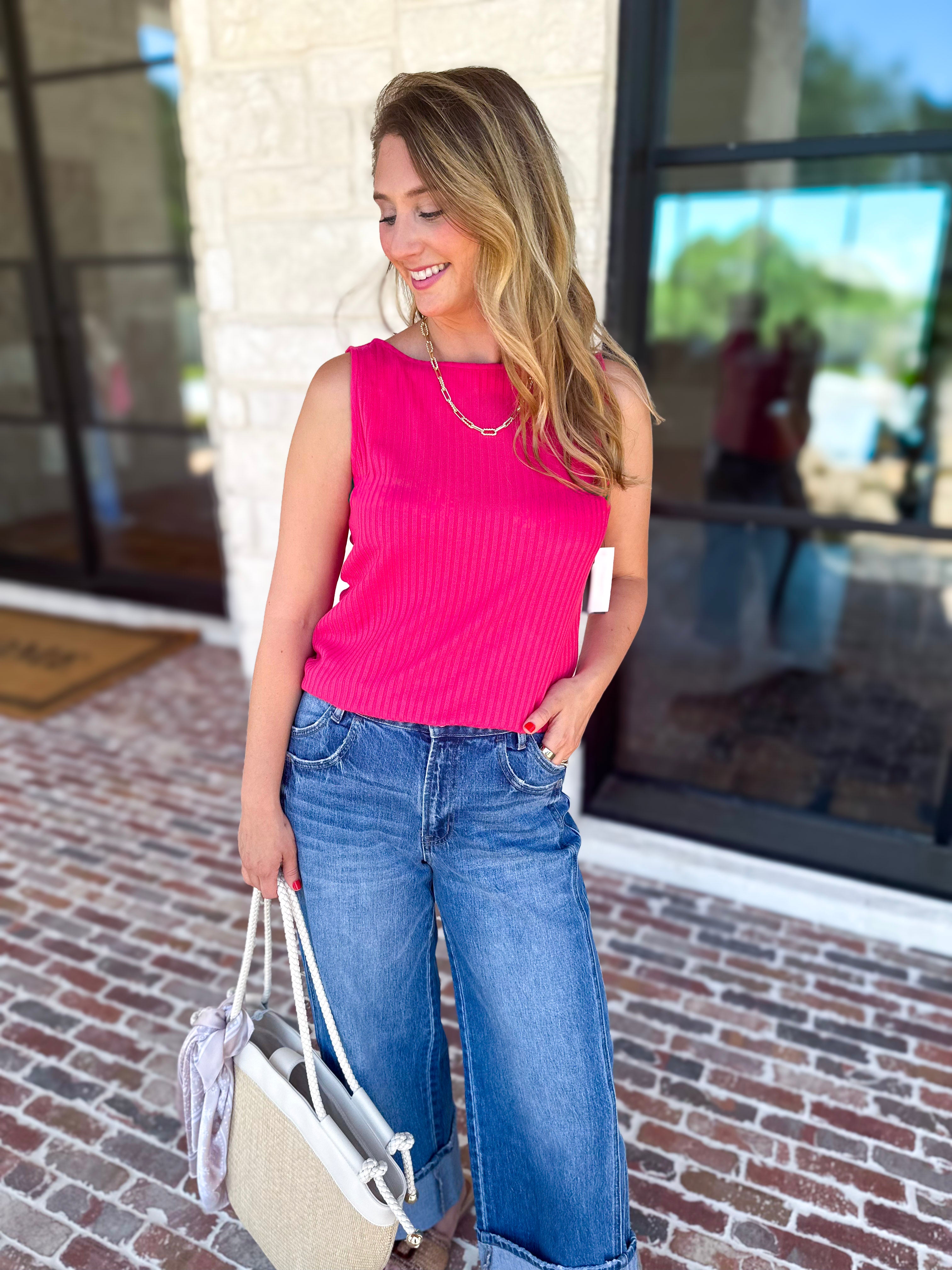 Liverpool - Hot Pink Boatneck Knit Top-200 Fashion Blouses-LIVERPOOL JEANS COMPANY-July & June Women's Fashion Boutique Located in San Antonio, Texas