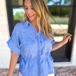 Light Blue Utility Blouse-200 Fashion Blouses-SKIES ARE BLUE-July & June Women's Fashion Boutique Located in San Antonio, Texas