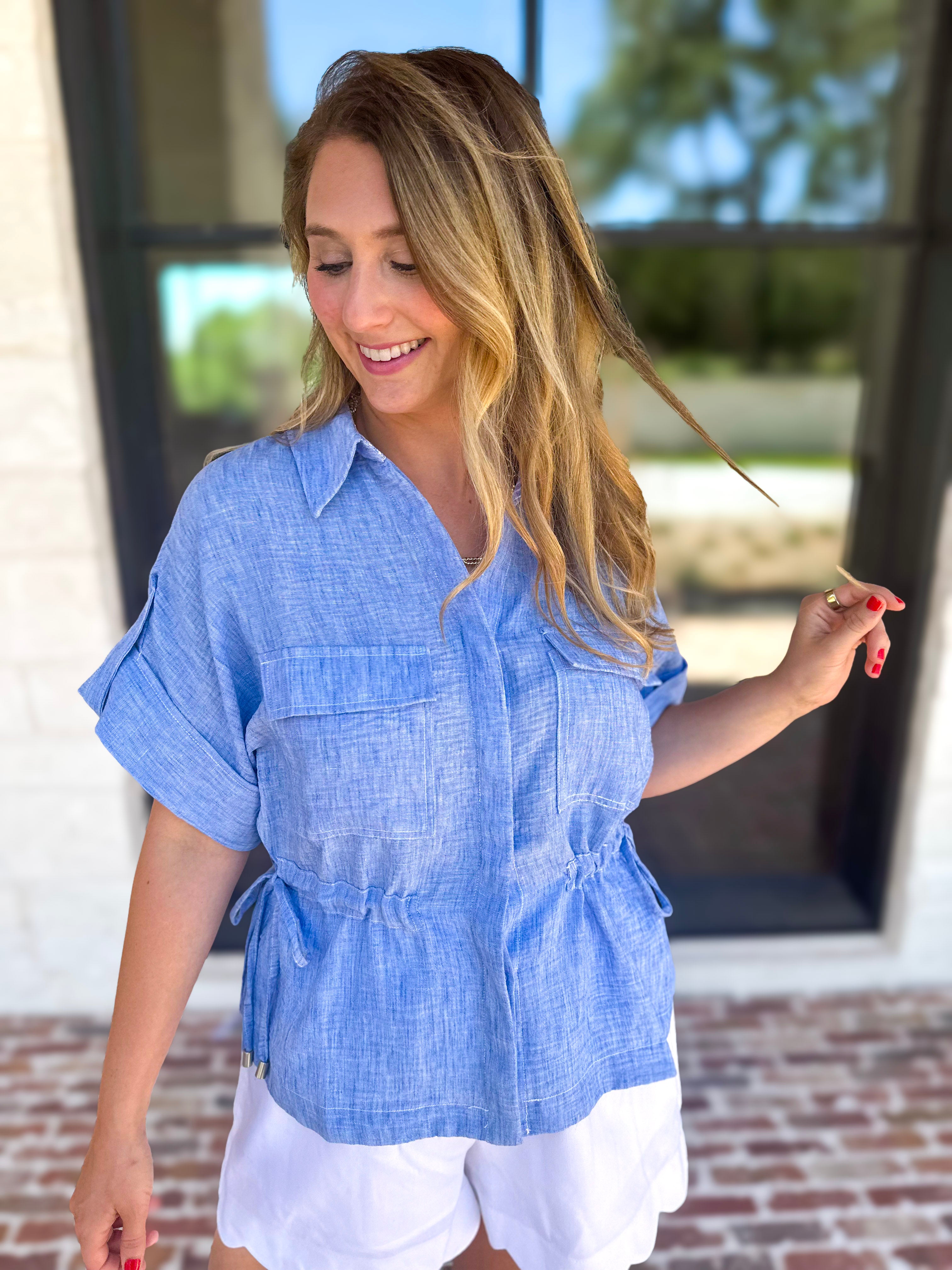 Light Blue Utility Blouse-200 Fashion Blouses-SKIES ARE BLUE-July & June Women's Fashion Boutique Located in San Antonio, Texas