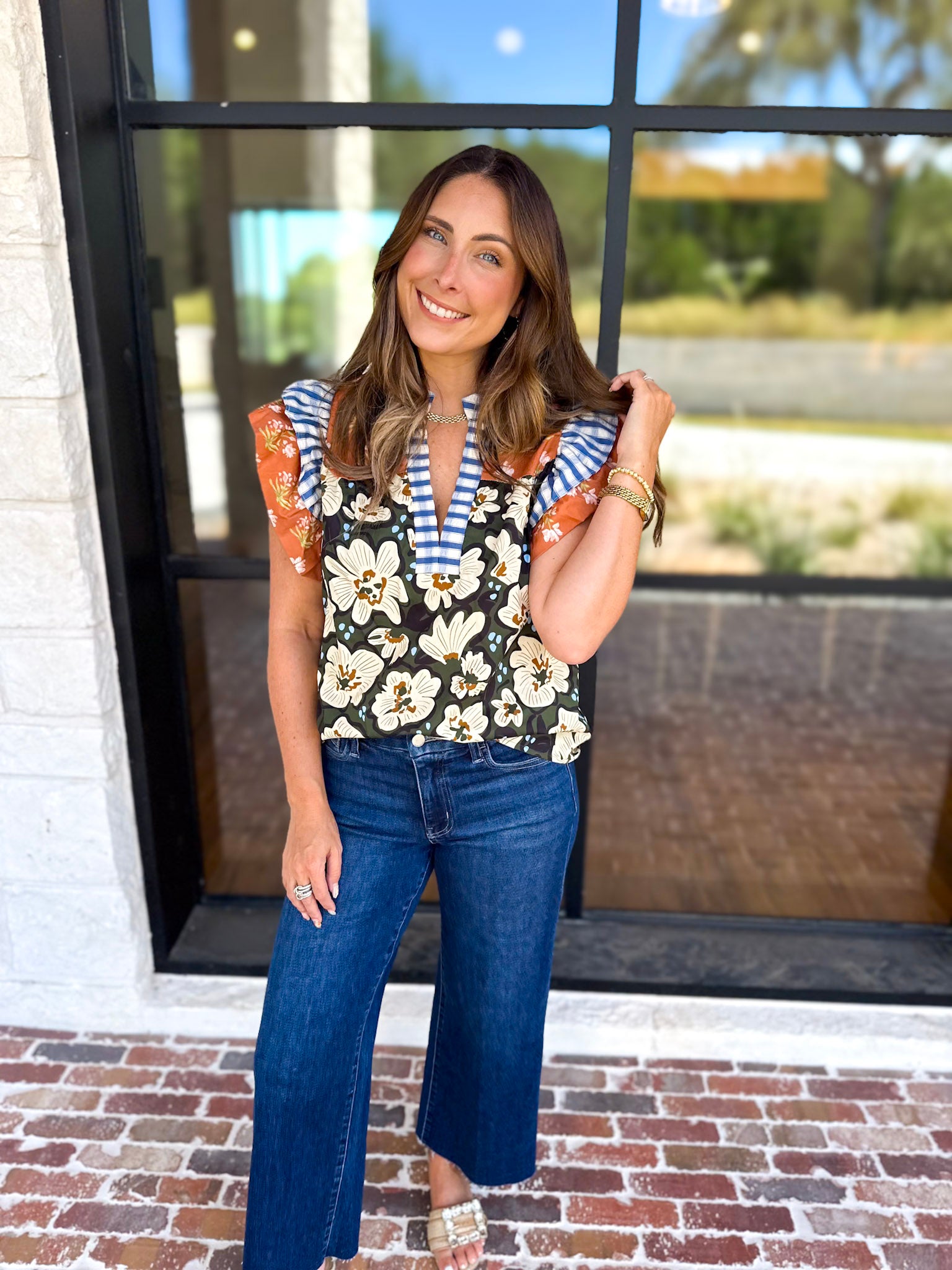 THML - Harvest Florals Ruffle Sleeve Blouse-200 Fashion Blouses-THML-July & June Women's Fashion Boutique Located in San Antonio, Texas