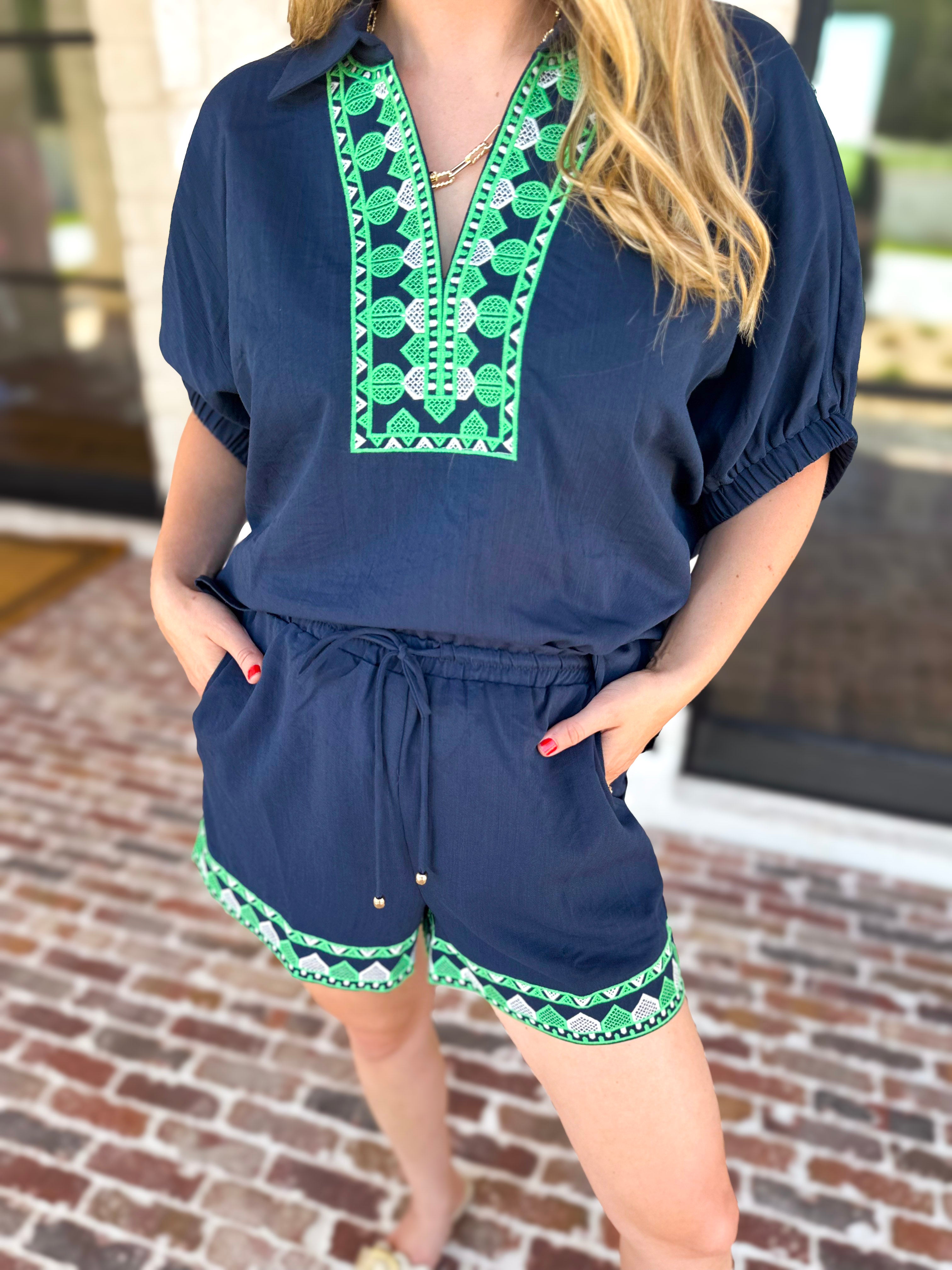 The Cabo Shorts Set - Navy/Green-510 Mini-ENTRO-July & June Women's Fashion Boutique Located in San Antonio, Texas