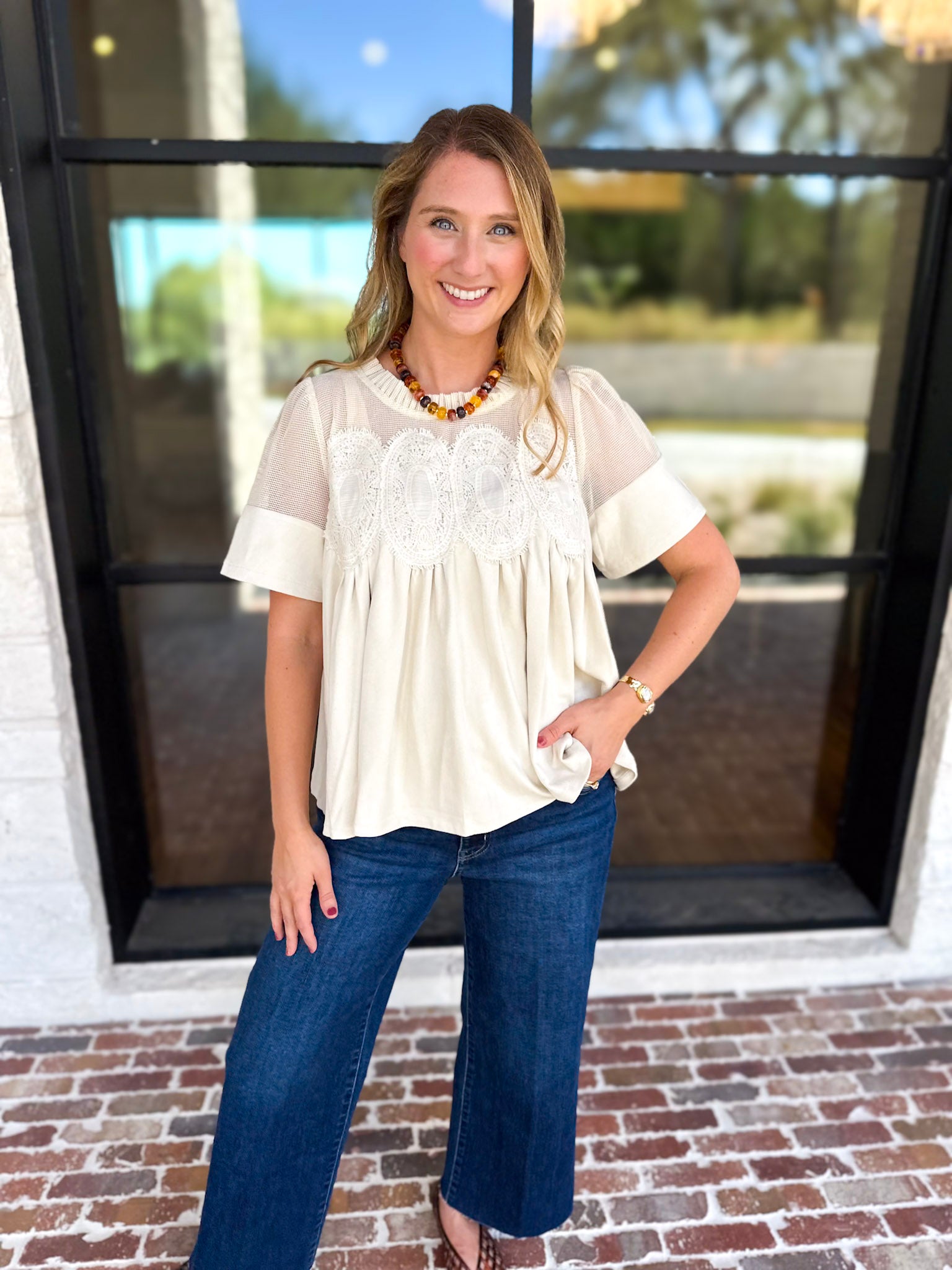 Lace Details Suede Blouse-200 Fashion Blouses-FATE-July & June Women's Fashion Boutique Located in San Antonio, Texas
