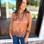 Current Air - Feminine Lace Details Blouse - Mocha-200 Fashion Blouses-CURRENT AIR CLOTHING-July & June Women's Fashion Boutique Located in San Antonio, Texas