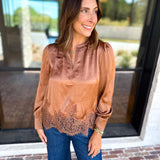 Current Air - Feminine Lace Details Blouse - Mocha-200 Fashion Blouses-CURRENT AIR CLOTHING-July & June Women's Fashion Boutique Located in San Antonio, Texas