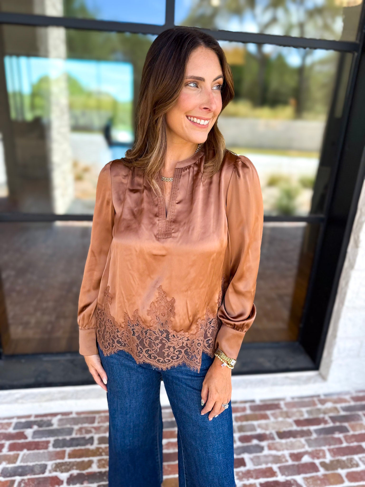 Current Air - Feminine Lace Details Blouse - Mocha-200 Fashion Blouses-CURRENT AIR CLOTHING-July & June Women's Fashion Boutique Located in San Antonio, Texas