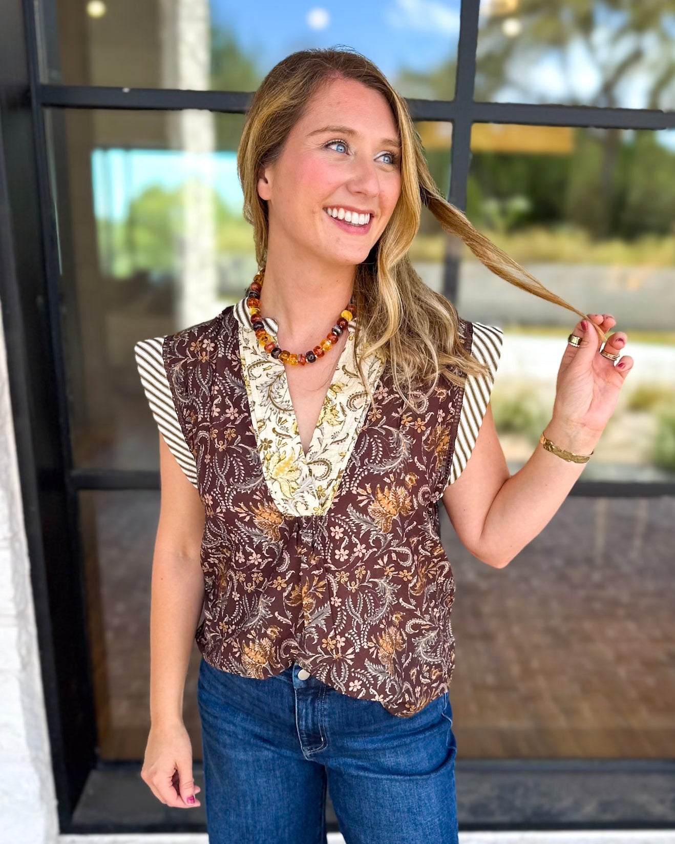 THML - Fall Hues Mixed Print Blouse-200 Fashion Blouses-THML-July & June Women's Fashion Boutique Located in San Antonio, Texas