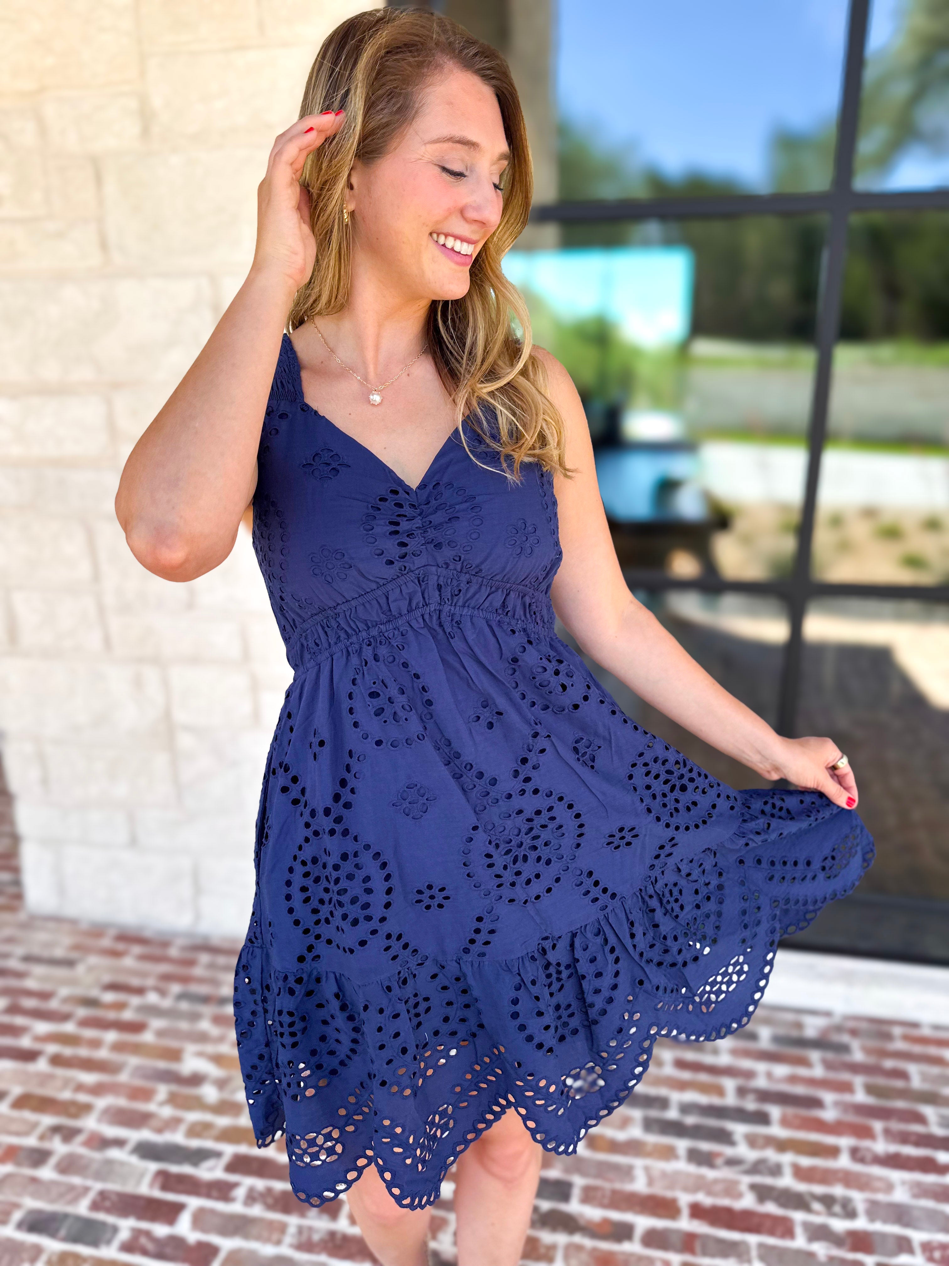 Navy Eyelet Mini Dress-510 Mini-SKIES ARE BLUE-July & June Women's Fashion Boutique Located in San Antonio, Texas