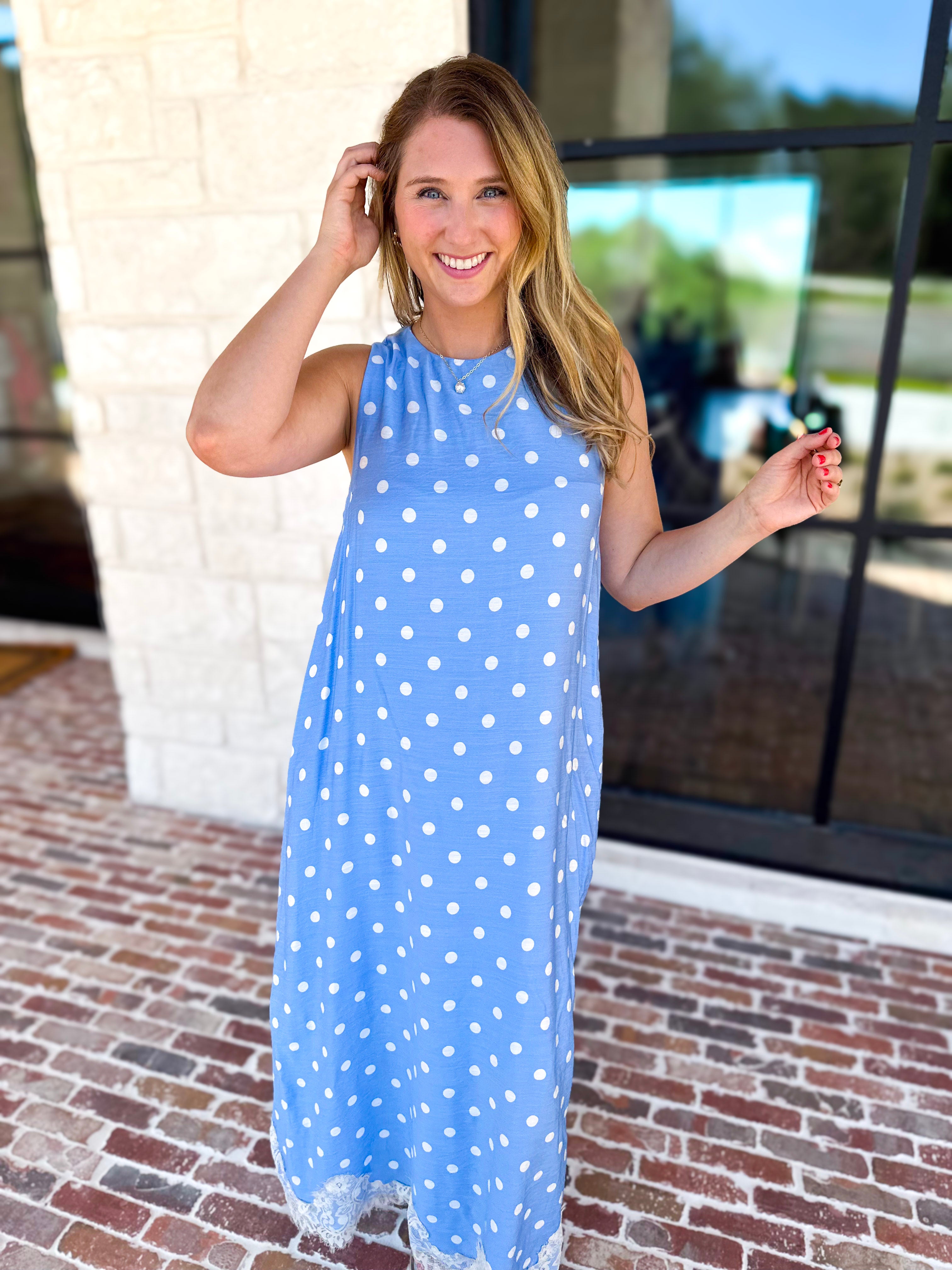 Effortless Polka Dot Midi Dress - Blue-500 Midi-ENTRO-July & June Women's Fashion Boutique Located in San Antonio, Texas