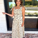 Ruched Polka Dot Midi Dress-500 Midi-ENTRO-July & June Women's Fashion Boutique Located in San Antonio, Texas
