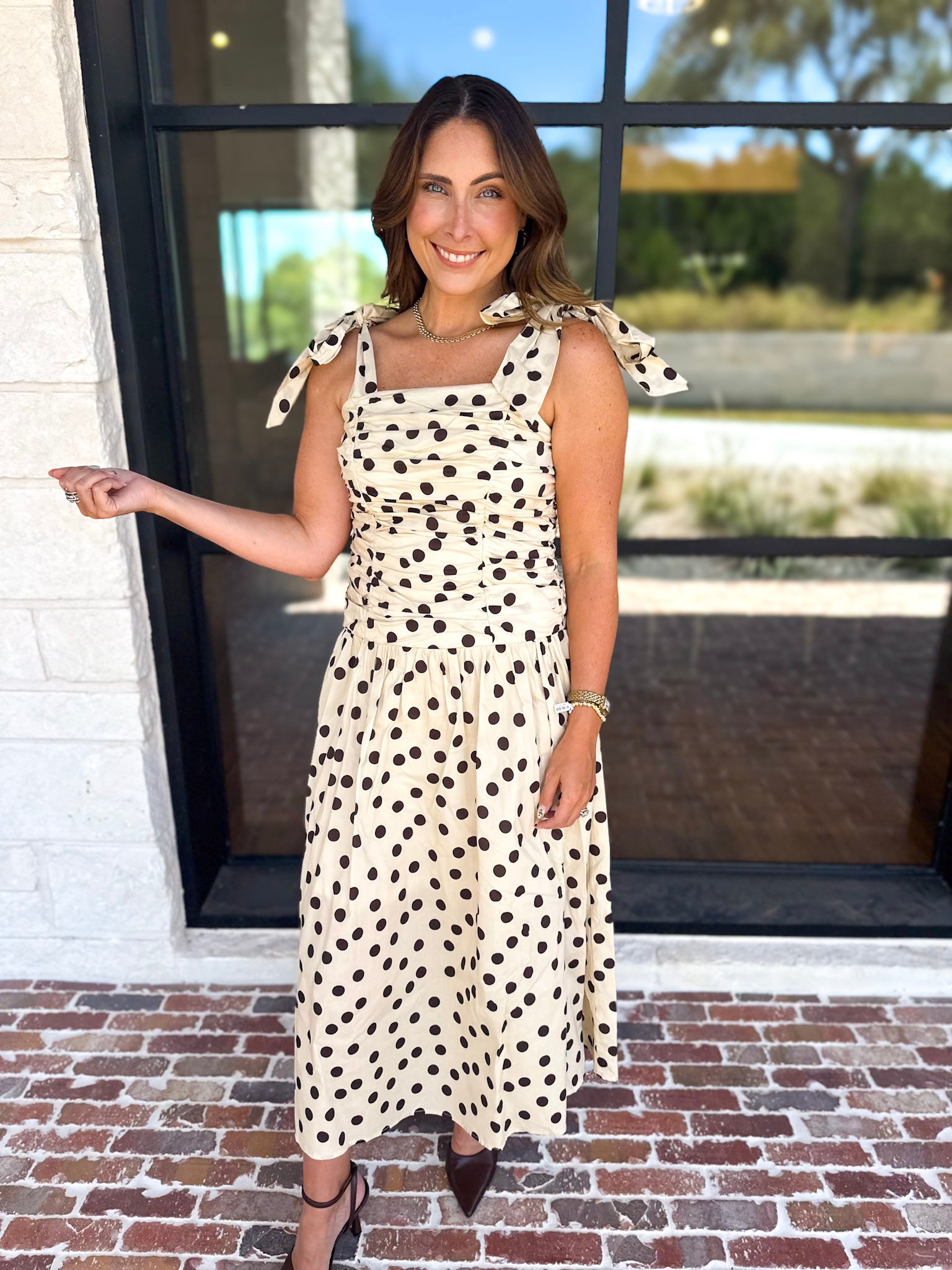 Ruched Polka Dot Midi Dress-500 Midi-ENTRO-July & June Women's Fashion Boutique Located in San Antonio, Texas