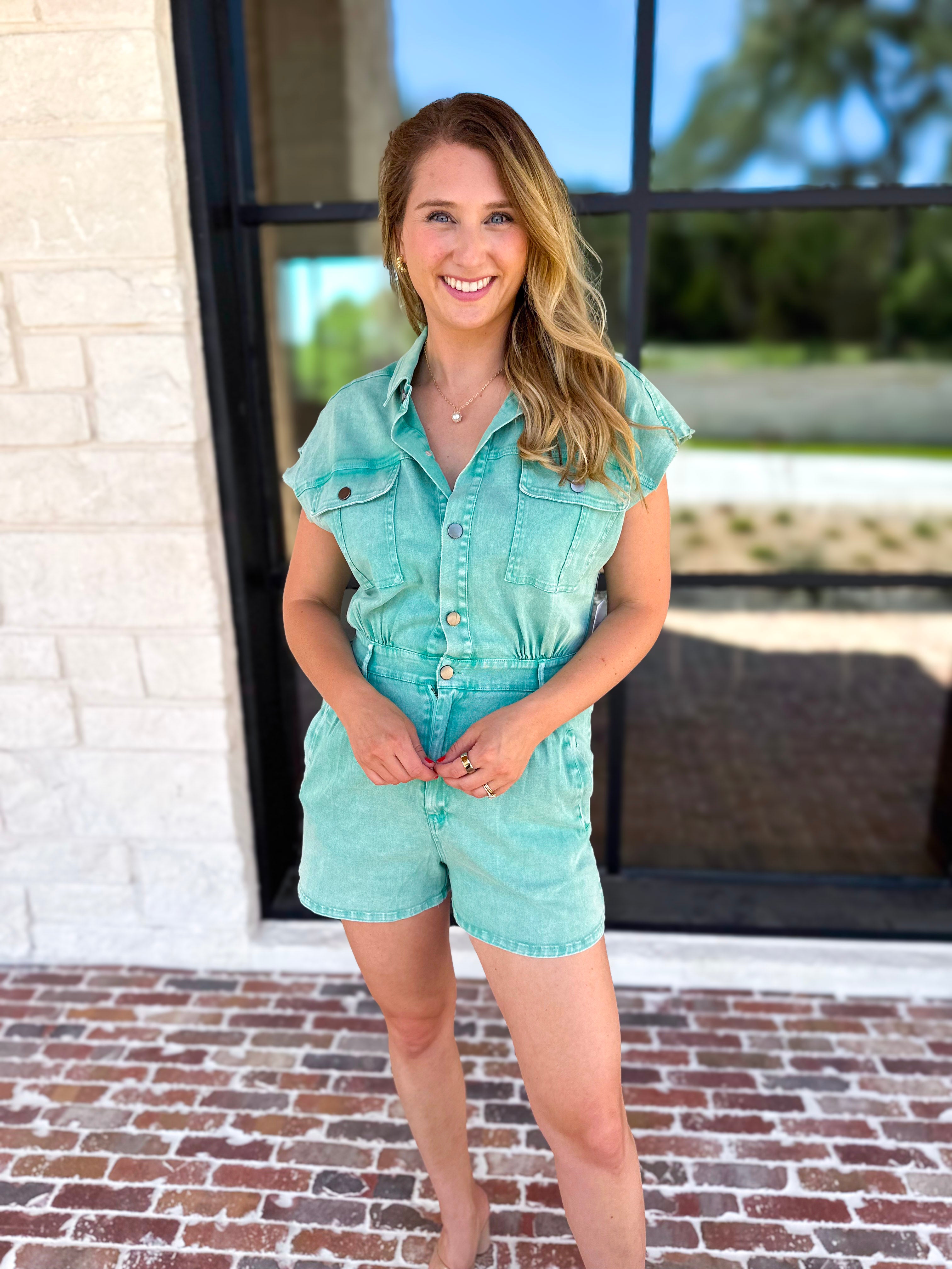 Casual Cool Utility Romper - Sea Green-510 Mini-FATE-July & June Women's Fashion Boutique Located in San Antonio, Texas