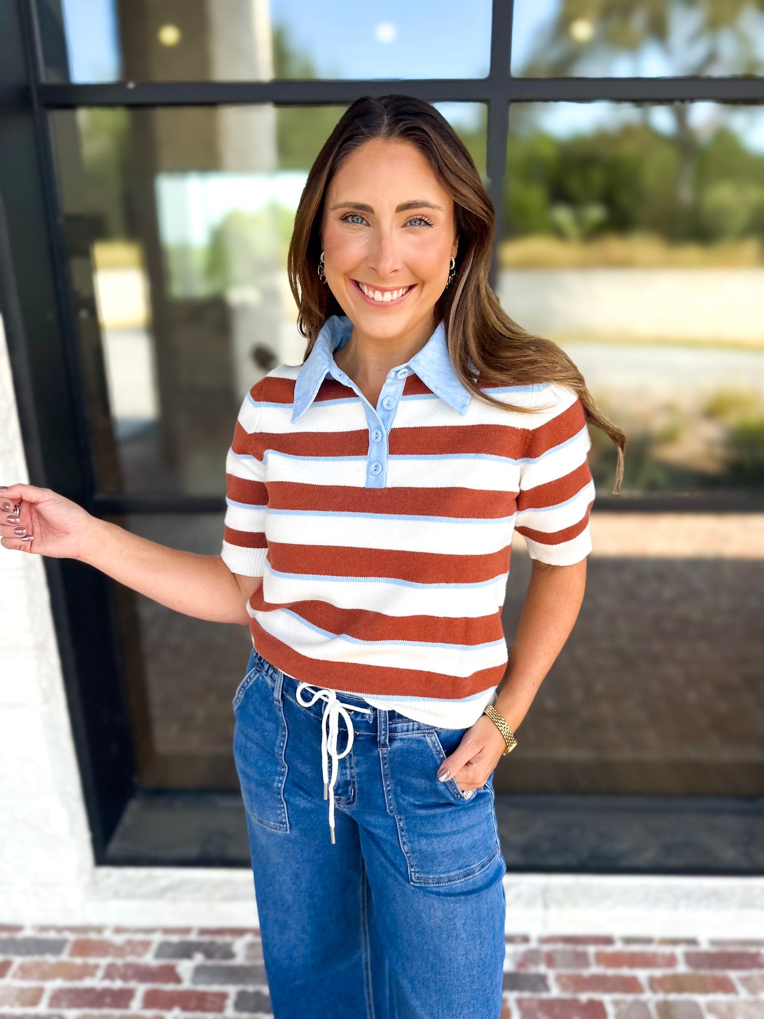 THML- Espresso & Sky Striped Knit Top-230 Sweaters/Cardis-THML-July & June Women's Fashion Boutique Located in San Antonio, Texas